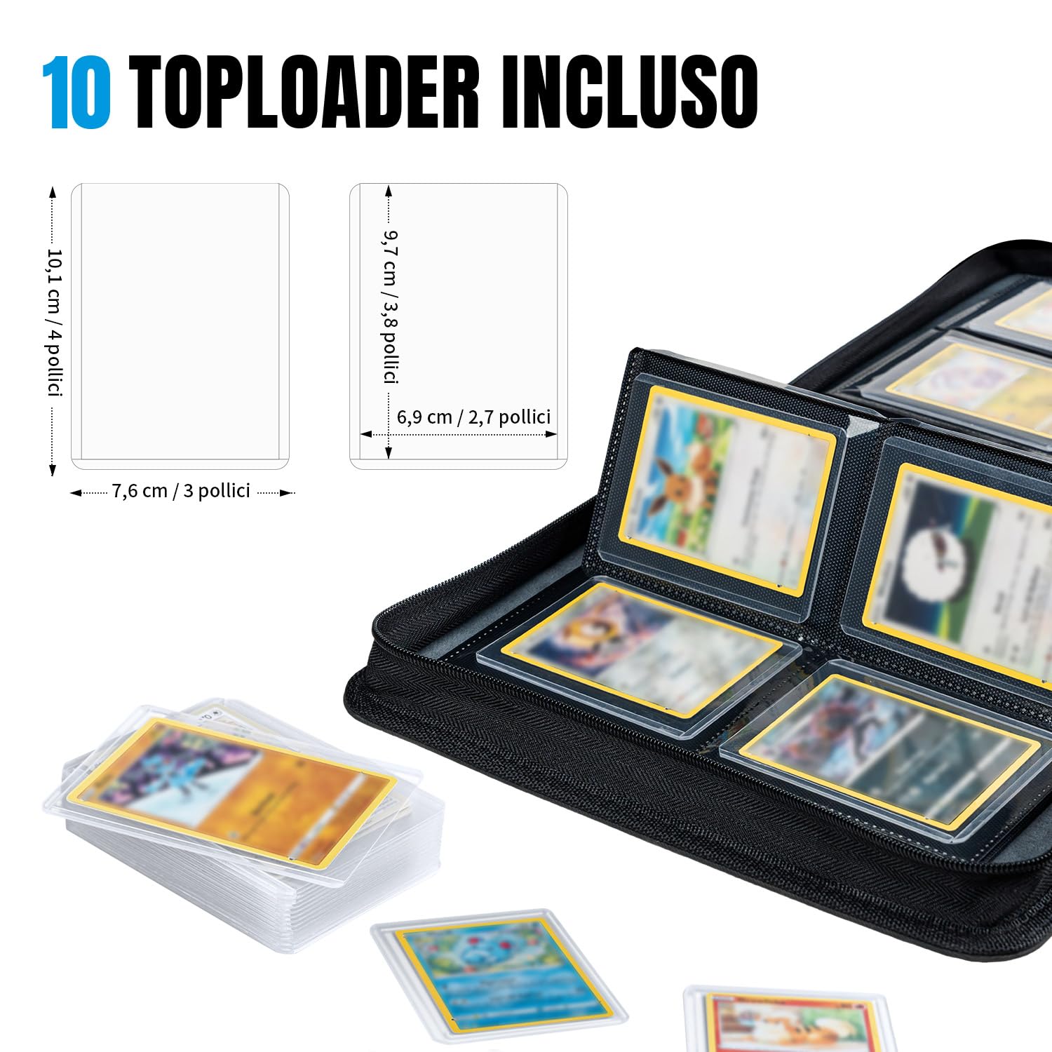Toploader - Album per carte da collezione 112 Top loader con 4 scomparti, 10 pezzi 35PT Toploader, raccoglitore per TCG, MTG, album di collezione, colore: nero