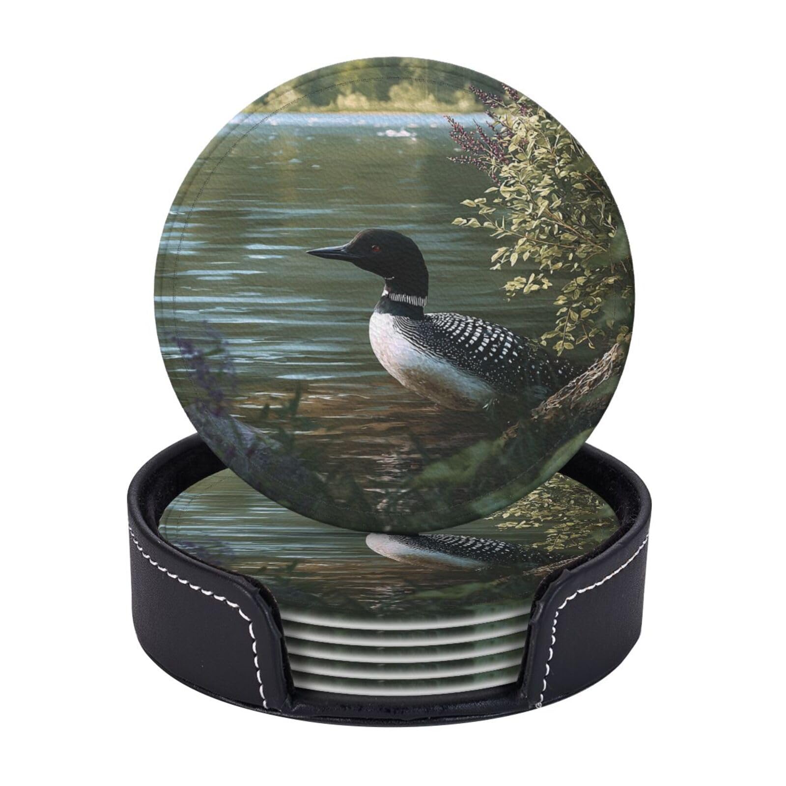 Drink Coasters Set of 6 Coffee Leather Coaster with Holder Loon Nature Birds Coasters for Drinks Coffee Cup Mat Heat Resistant Tabletop Protection Coaster Desk Accessorie Home Decorative
