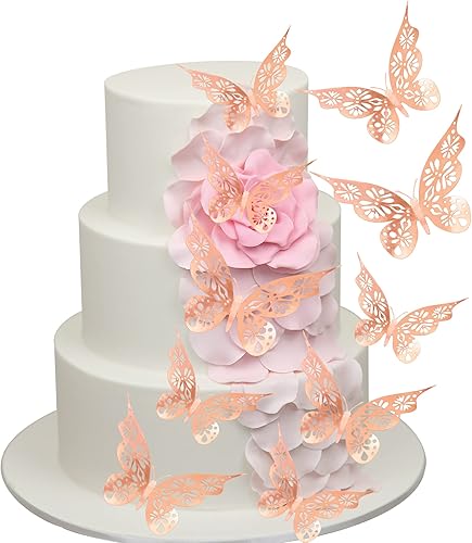 Miniatura 8 de 24 adornos metálicos de mariposa dorado champán para cupcakes, efecto 3D, decoración de mariposas de tamaño mixto, calcomanías de mariposa ahuecadas