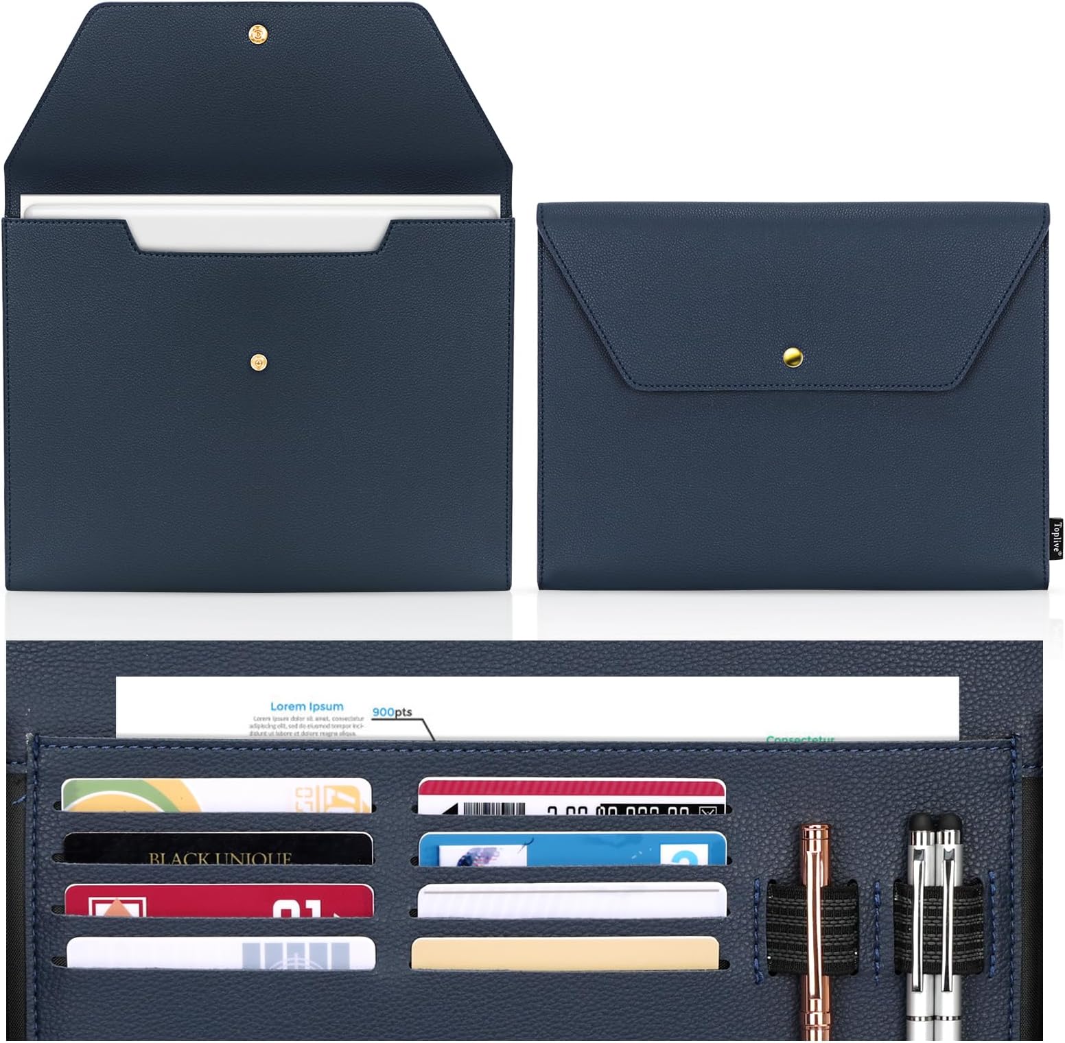 Toplive Document File Folder, Waterproof PU Leather A4 Letter Envelope Folder Case File Organizer Dual Layers Stylish Document Holder with 8 Card Holder 2 Pen Loop for Travel Office School, Blue