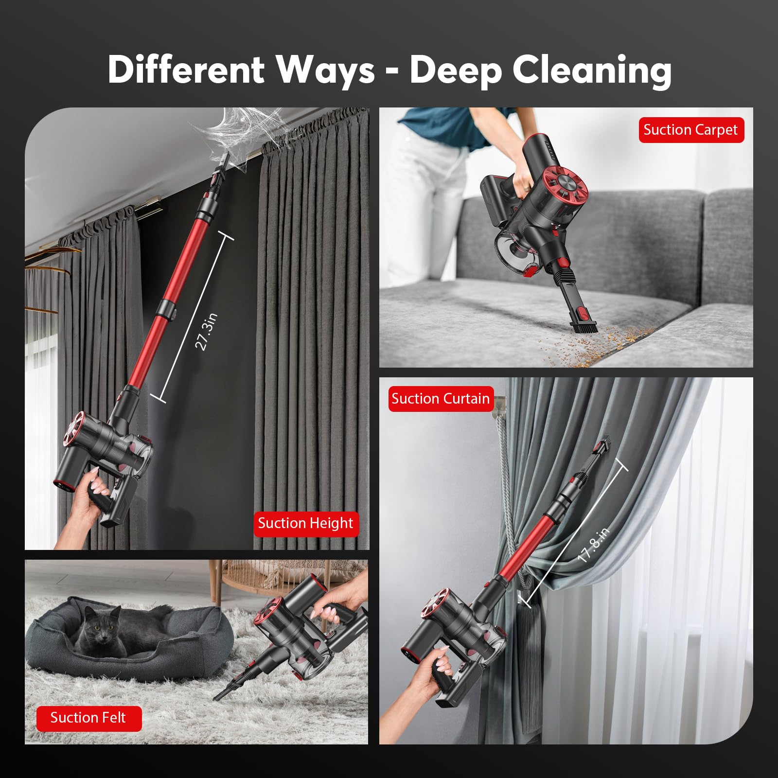 Cordless Vacuum Cleaner, 80,000PRM Stick Vacuum with 2 Powerful Suction Modes, Max 40 Mins Runtime, Protable 2600mAh Rechargeable Battery Vacuum Cleaner for Home (Lotus Red) — view 5
