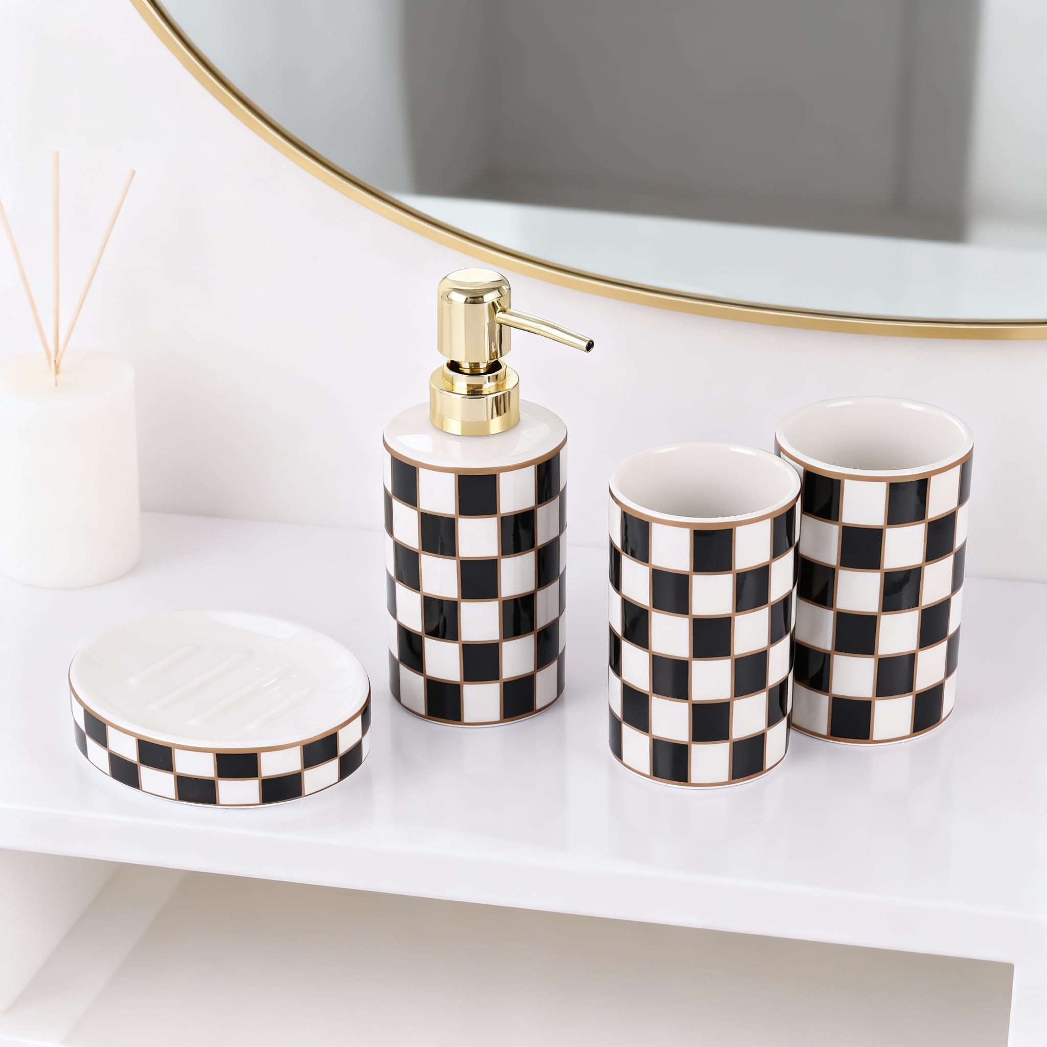 Badezimmer-Zubehör-Set aus Keramik, kariert, 4-teiliges Set mit Seifenspender, Zahnbürstenhalter, Zahnputzbecher, Seifenschale, schwarz-weißes Gitter, moderne Badezimmer-Dekoration für und