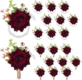 Sherr 20 Pcs Rose Wrist Corsage and Boutonnier Set Flower Wrist Corsage Wristlet Band Bracelet Wedding Bridegroom Men's Boutonniere Wristlet Hand Flower for Wedding Bouquets Supplies (Dark Red)