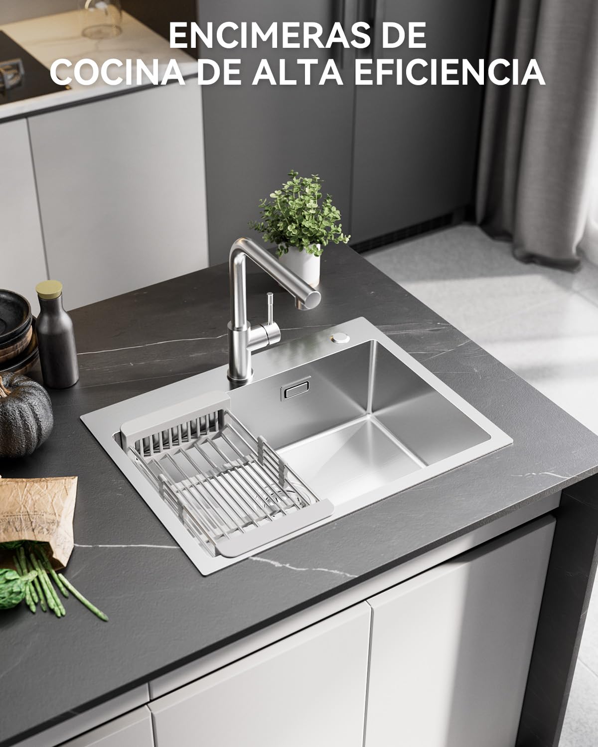 Fregadero de cocina de 60 x 45 cm, moderno, cuadrado, acero inoxidable SUS 304, fregadero de cocina a partir de armario bajo de 60 cm, fregadero de acero inoxidable con 2 agujeros para grifo,