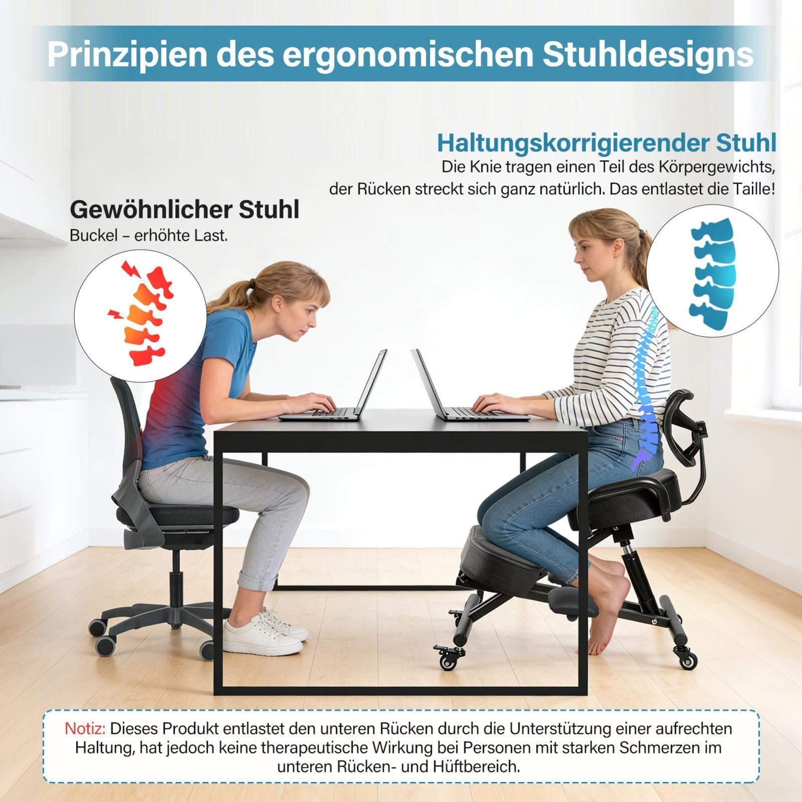 Generisch Kniestuhl, Ergonomischer Kniestuhl mit Rückenlehne und Fußstütze | Höhenverstellbarer Haltungsstuhl mit Feststellrä-dern für das Homeoffice, Haltungskorrekturhocker