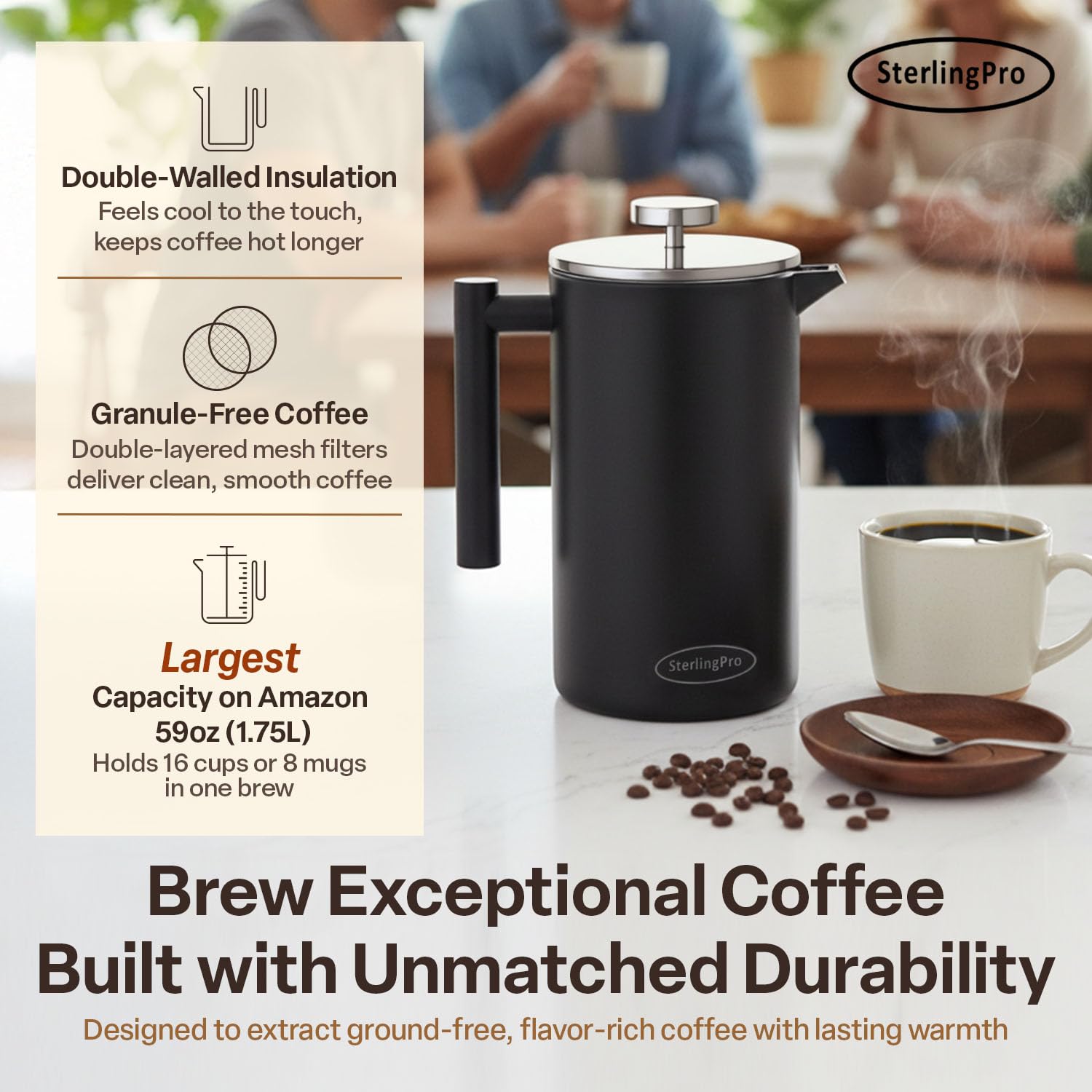 SterlingPro French Press Coffee Maker-Double Walled Large Coffee Press with 2 Free Filters- Granule-Free Coffee, Stylish Rust Free Kitchen Accessory-Stainless Steel French Press (1,75 l, Black)
