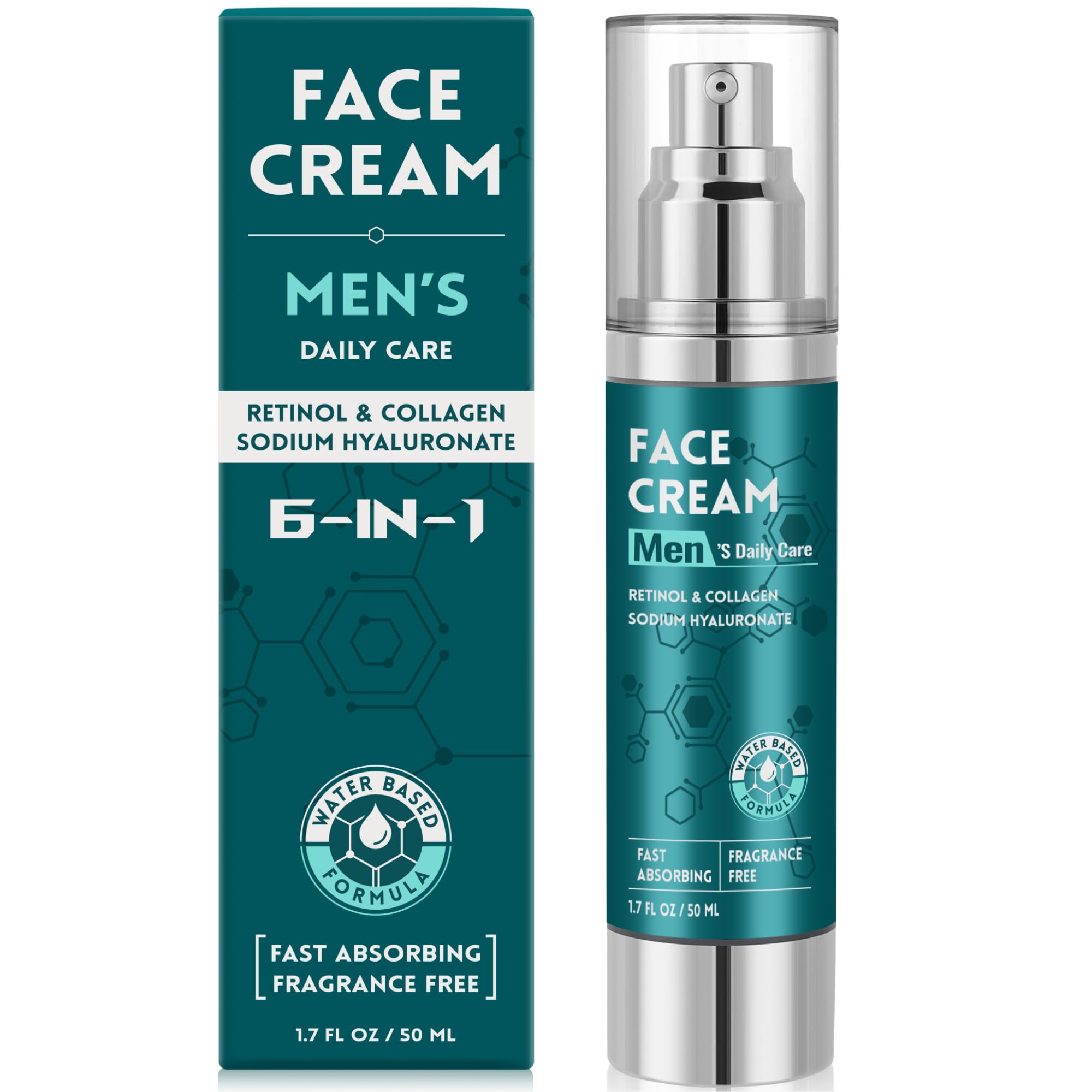 6-in-1 Face Cream for Men: Hydrating Water Based Men Face Moisturizer with Retinol, Collagen, Sodium Hyaluronate - Mens Anti Aging Face Cream for Day