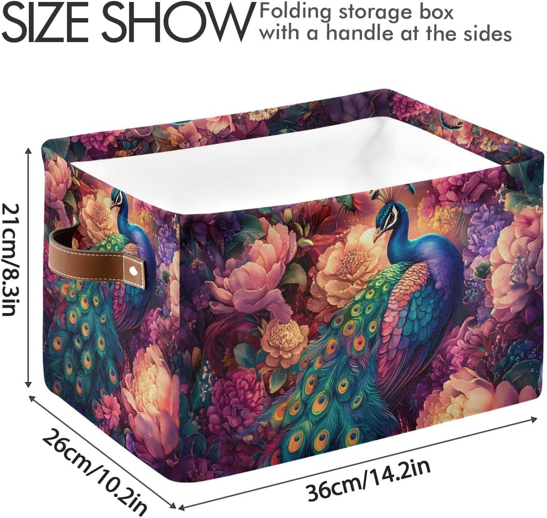Storage Basket Peacock in Flowers Canvas Collapsible Box Organizer Bin with Handles