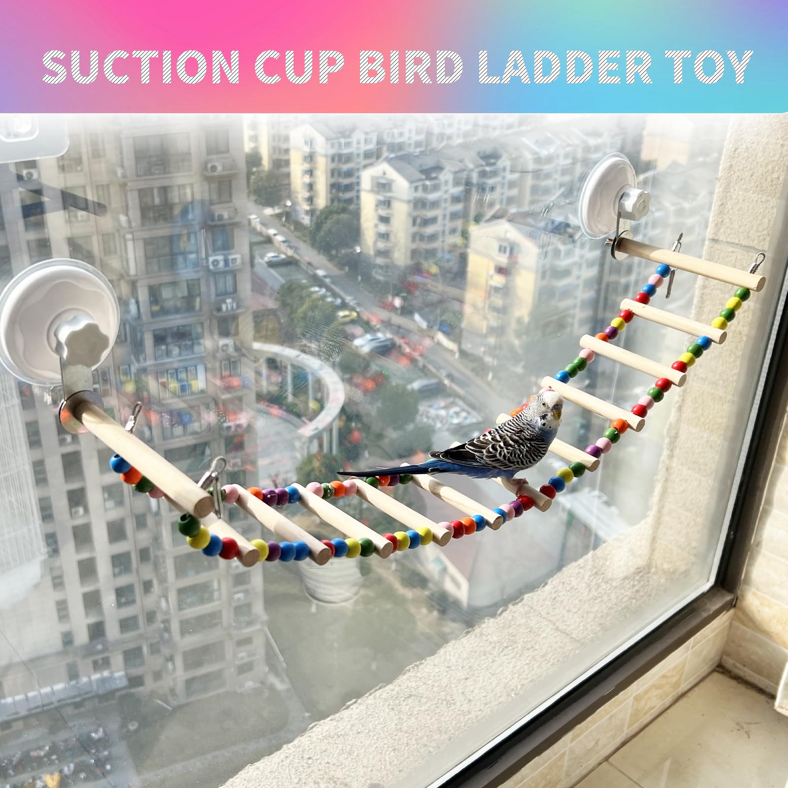 FlidRunest Suction Cup Wooden Perch Stand Toy, Colorful Bird Parrot Ladder Bridge Toys for Window/Bath/Car, Climbing Ladder for Parrot, Lovebird, Parakeet, Budgie