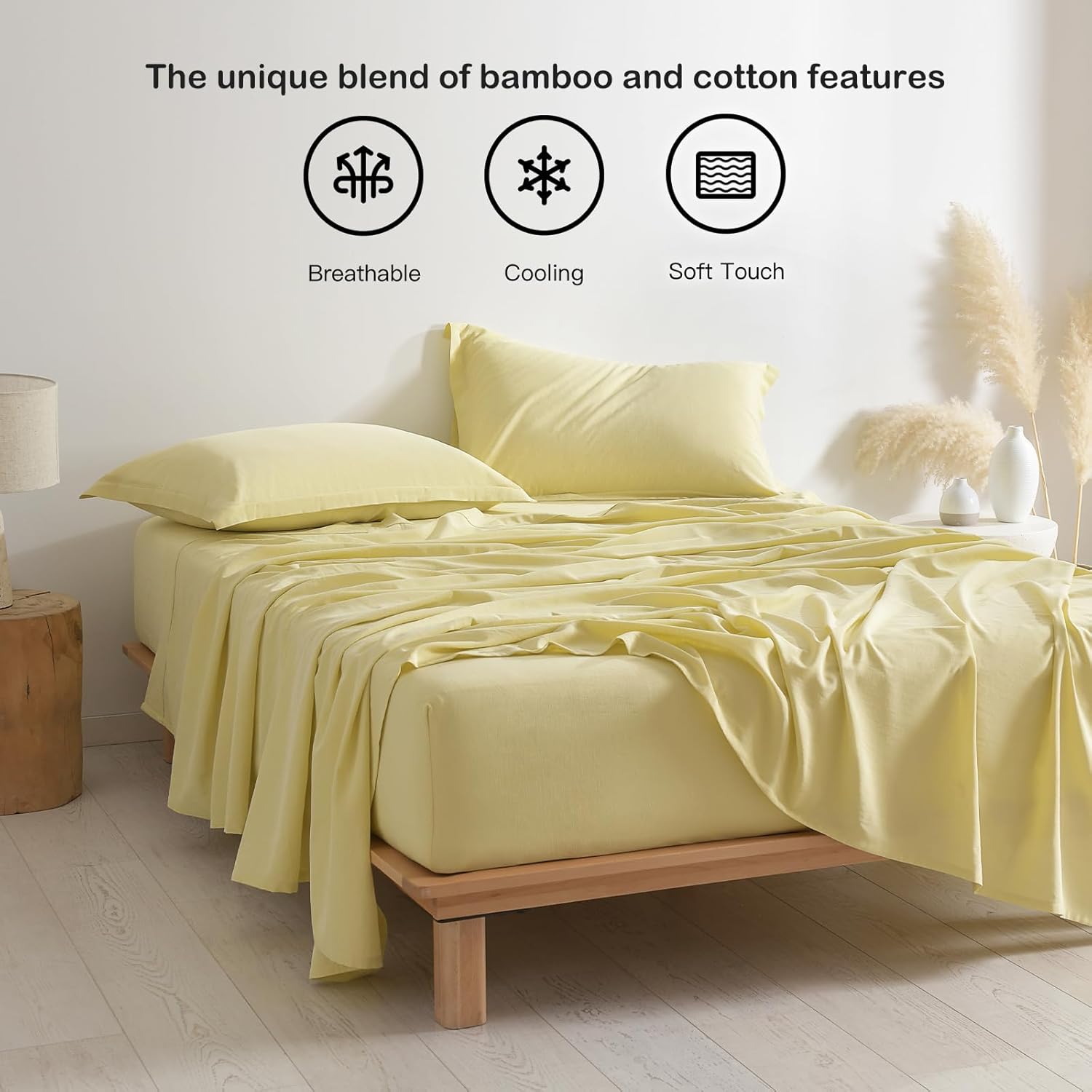 PANDATEX Light Yellow King Size 4 Piece Sheet Set, Linen-Textured Cotton Blend Sheets, Soft Breathable & Cooling Sheets for Hot Sleepers, Deep Pockets Natural Bed Sheets