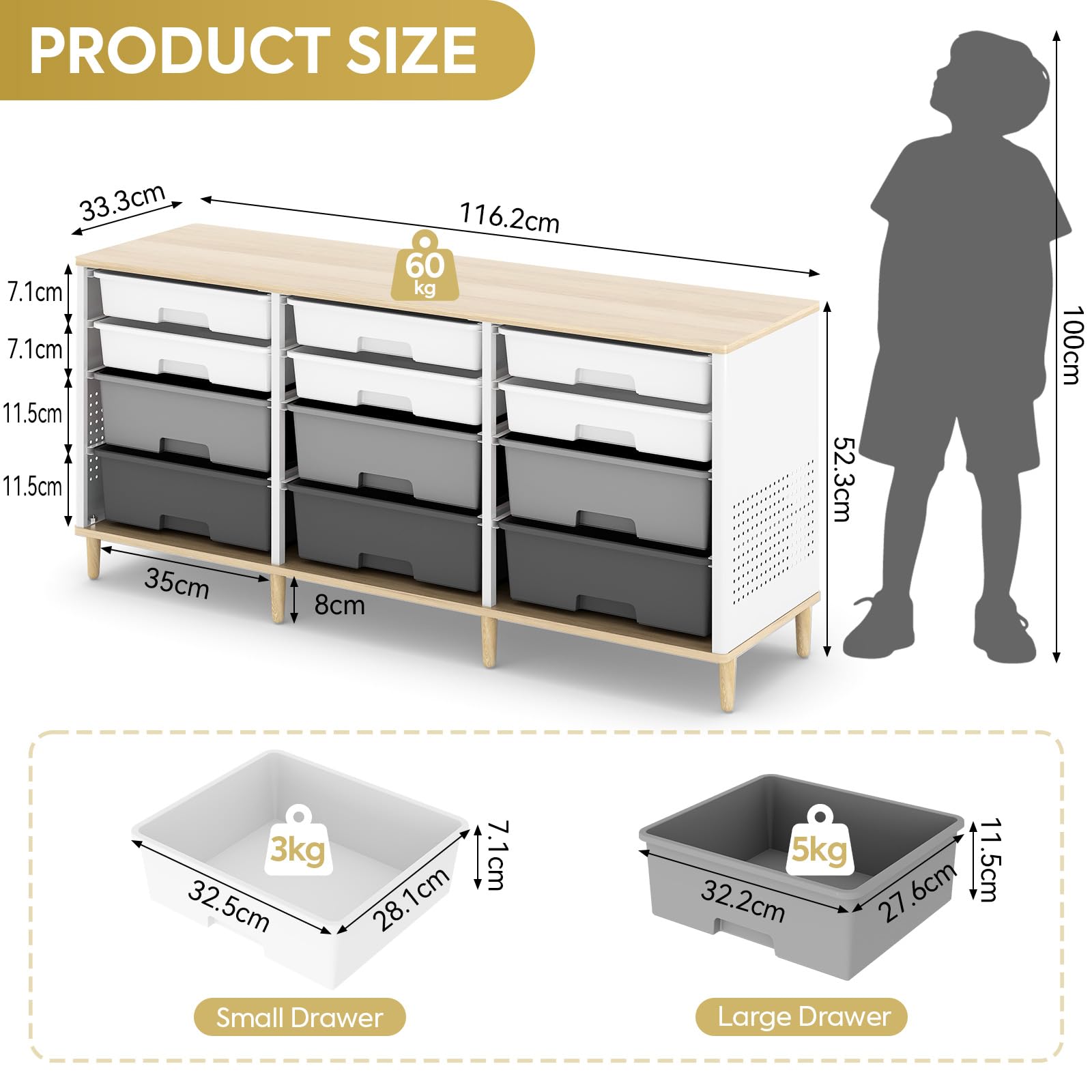 KINGRACK Cajones Almacenajeo 12 Cajones y Paneles Frontales de Madera—Una Solución de Almacenamiento Versátil para Hogares y Oficinas (Gris)