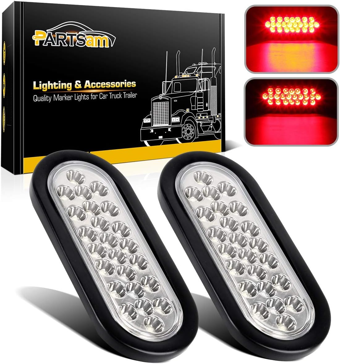 Partsam 2x Oval Brake Stop Tail Turn Sealed Marker Lights Red Flush Mount 6.3" Inch 24 LED Truck Trailer Boat Utility Clear Lens w/Rubber Grommet Waterproof 12V