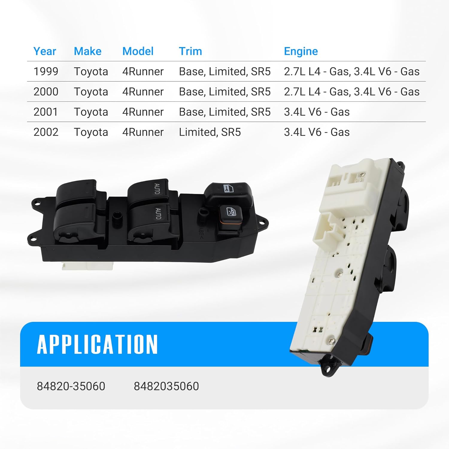 Left Driver Side Power Window Switch for Toyota 4Runner 1999 2000 2001 2002 2.7L 3.4L 8482035060 84820-35060