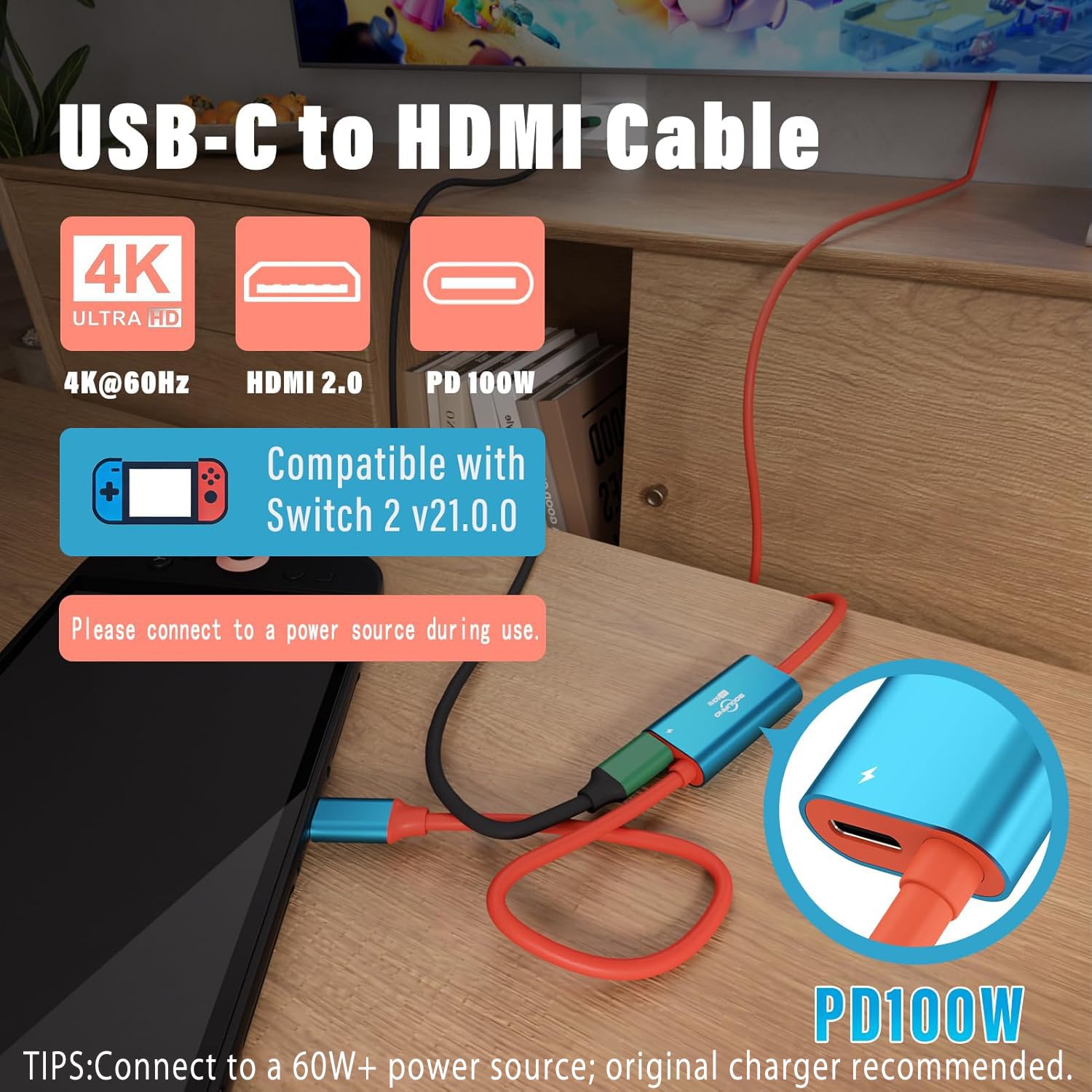 Switch 2 Dock przenośna stacja dokująca do telewizora kompatybilna z Nintendo Switch / Switch2 / Steam Deck/ROG Ally X kabel USB-C na HDMI 4K przy 60 Hz / HDMI 2.0 / USB3.0 5 Gb/s / PD3.0 100