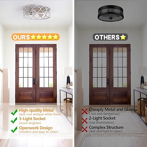 Miniatura 4 de Bargeni Lámpara de techo empotrada, lámpara de techo de 13 pulgadas, accesorios de cocina de 3 luces, acabado blanco antiguo rústico, lámparas de