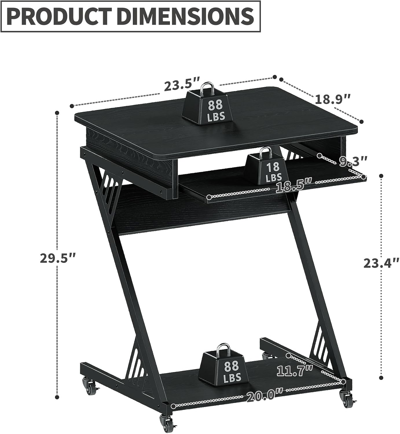 ALISENED Computer Desk for Small Spaces,23.6" Z-Shaped Compact Study Table with Smooth Keyboard Tray,with Wheels and Bottom Shelves for Home Office，Computer Cart Mobile Laptop Cart