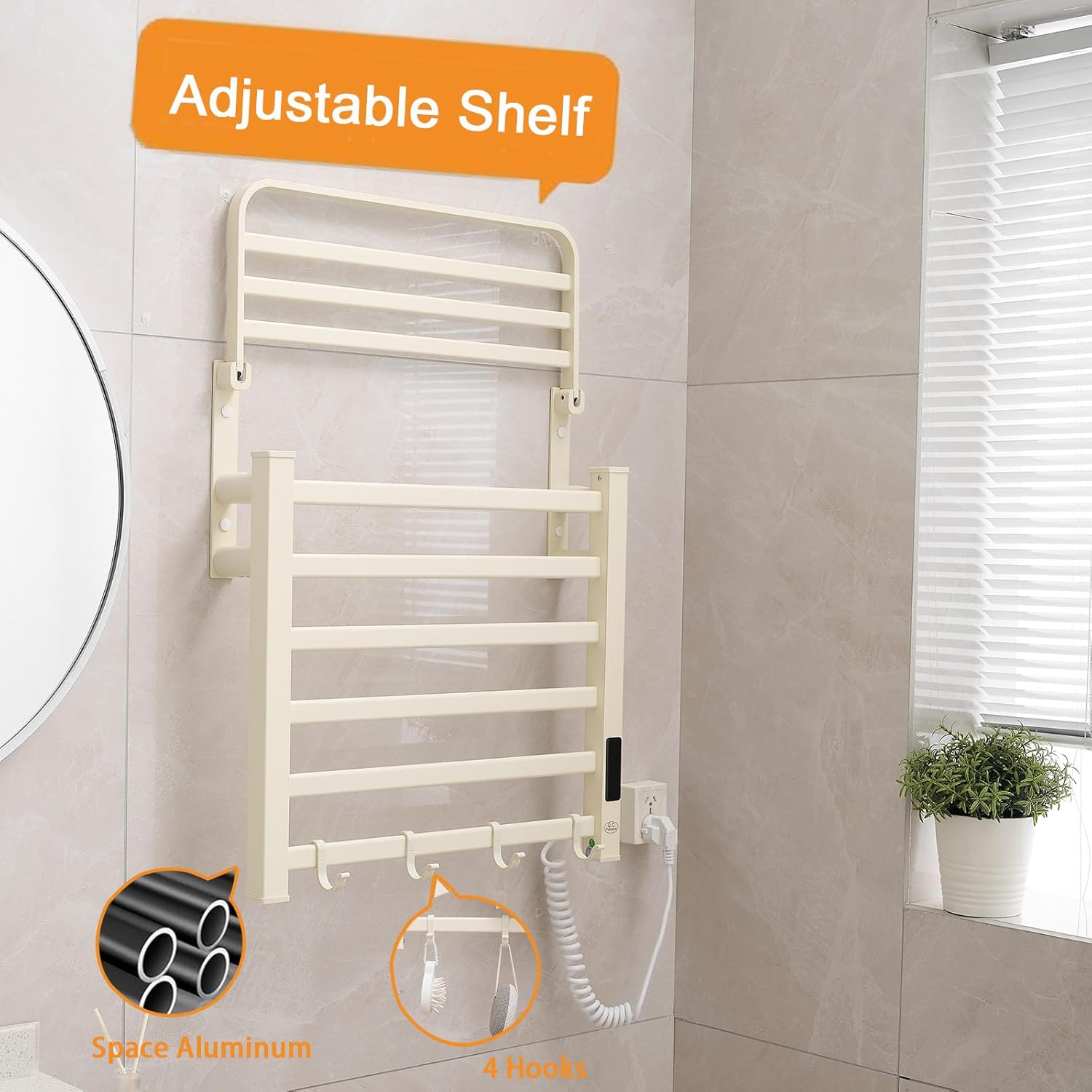 Heated Towel Rack for Bathroom Towel Warmer Racks with Shelf, 6 Bars Wall Mounted Heated Towel Rack with Timer & Temperature Multi-Level Adjustments, LED Display, Support Plug-in and Hardwired