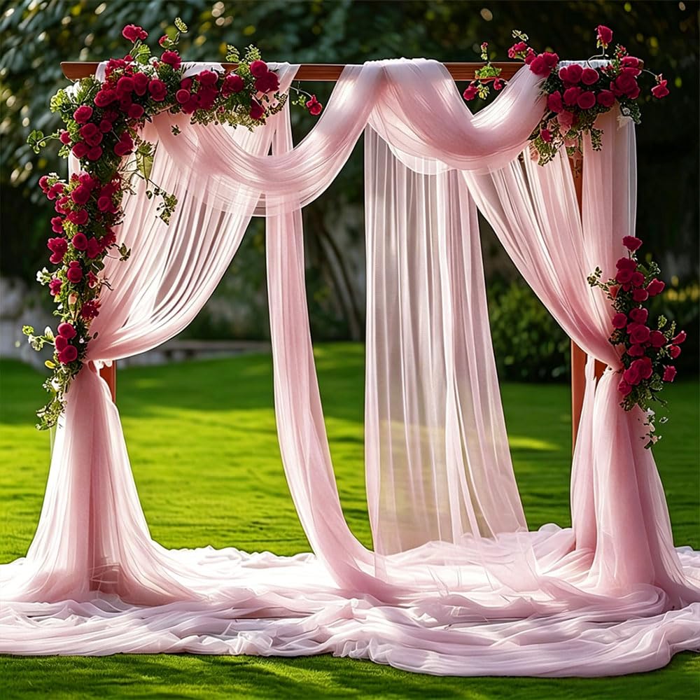 Mateju 4 Stück Chiffon Hochzeit Vorhang Hochzeitsbogen, Rosa/Rot Chiffon Tüll Stoff Querbehang Deko Gardinen Hintergrund für Dekoration Torbogen Zeremonie (Rosé 20,75x600cm)