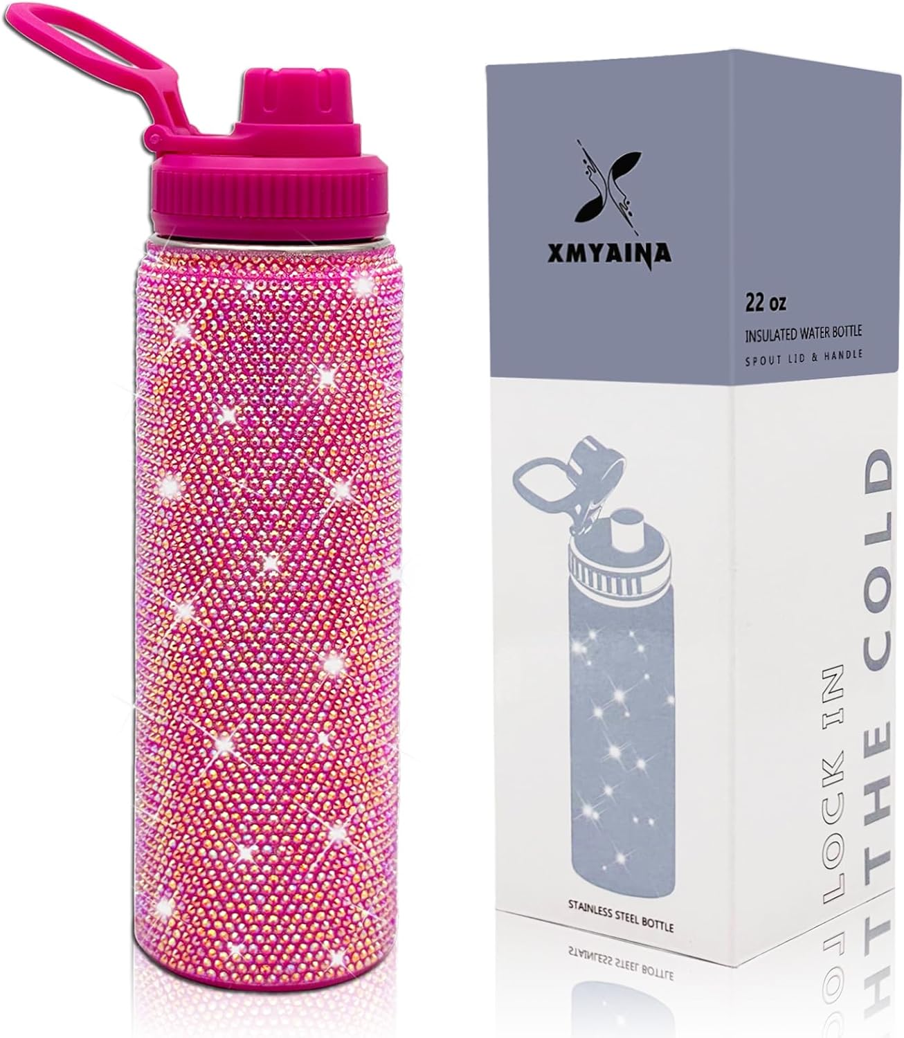 22oz Stainless Steel Bling Crystal Water Bottle Rhinestone Vacuum Insulated Bottle with Spout Lid Reusable Double-Wall Glitter Sport Bottle Gift for Women Girl (Hot Pink)