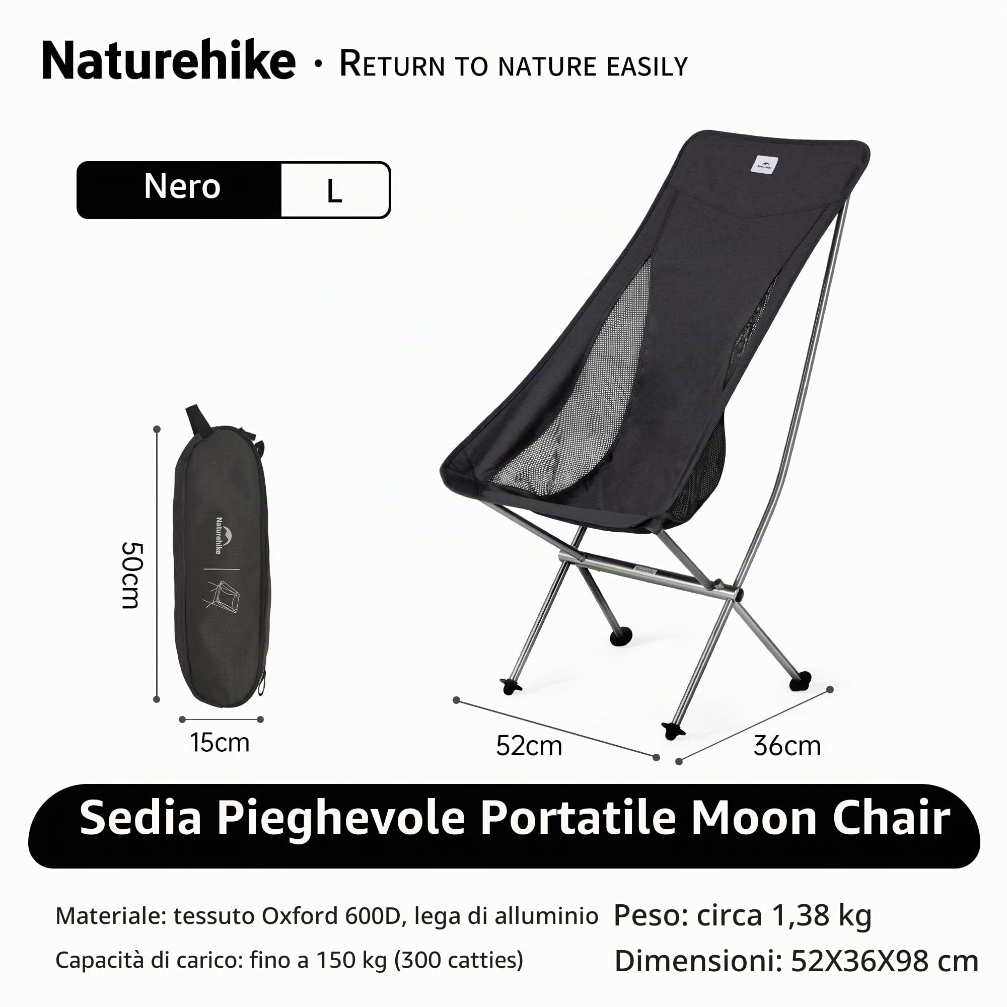 Naturehike Sedia da Campeggio Portatile Sedia Pieghevole Ultraleggera, Smontaggio e Montaggio Rapidi, per Pesca, Picnic, Esterno, Escursionismo (Nero large)