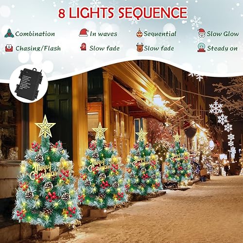 Miniatura 3 de Juego de 2 árboles de Navidad preiluminados para exteriores, decoración de porche de Navidad de 2.7 pies, árbol artificial, relleno de urnas,