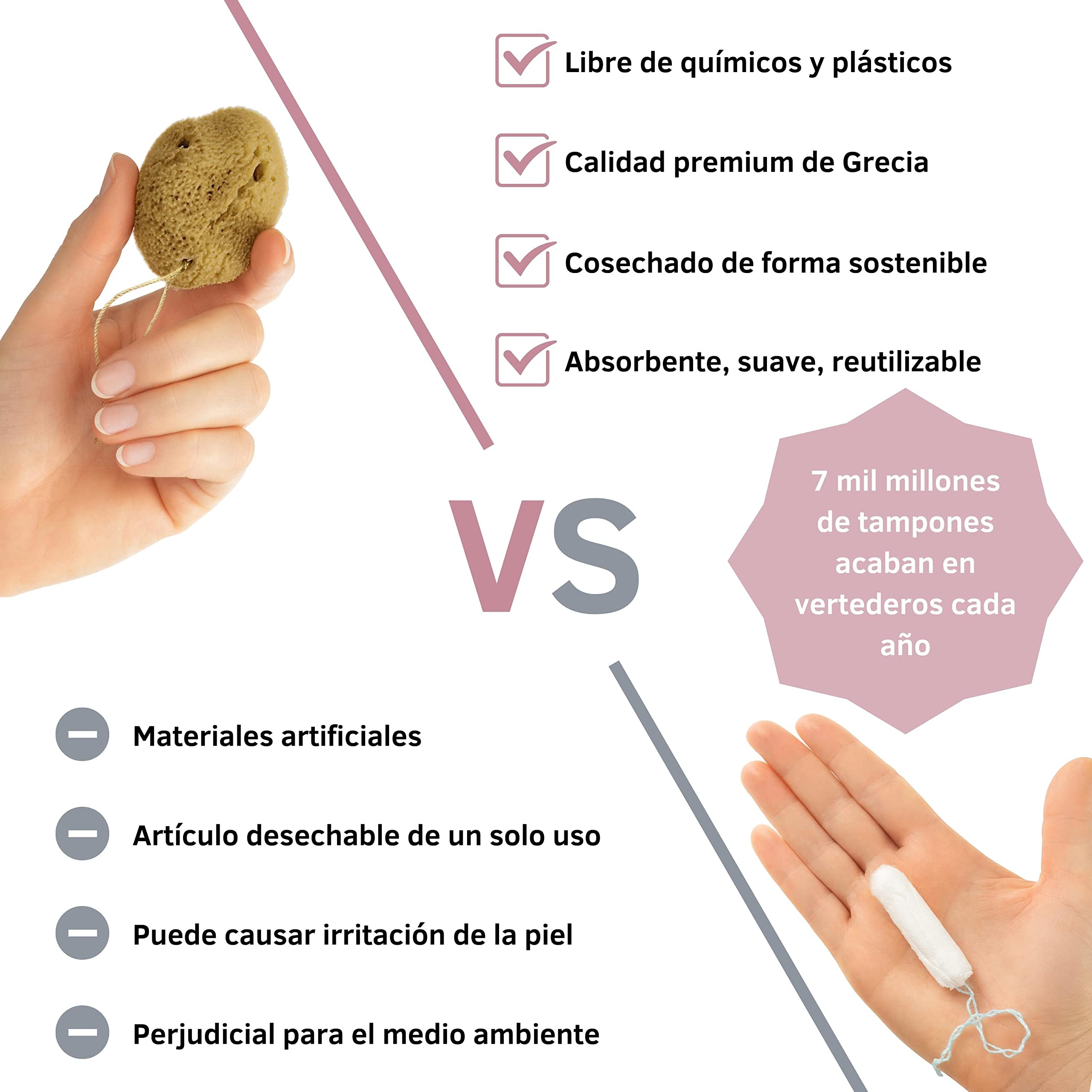 tom&pat® Esponja menstrual natural con hilo • alternativa a tampones • lavable y reutilizable • Dermatest excelente • caja hermética de viaje • calidad mediterránea Grecia (Talla M / 5 x 5-7 cm)