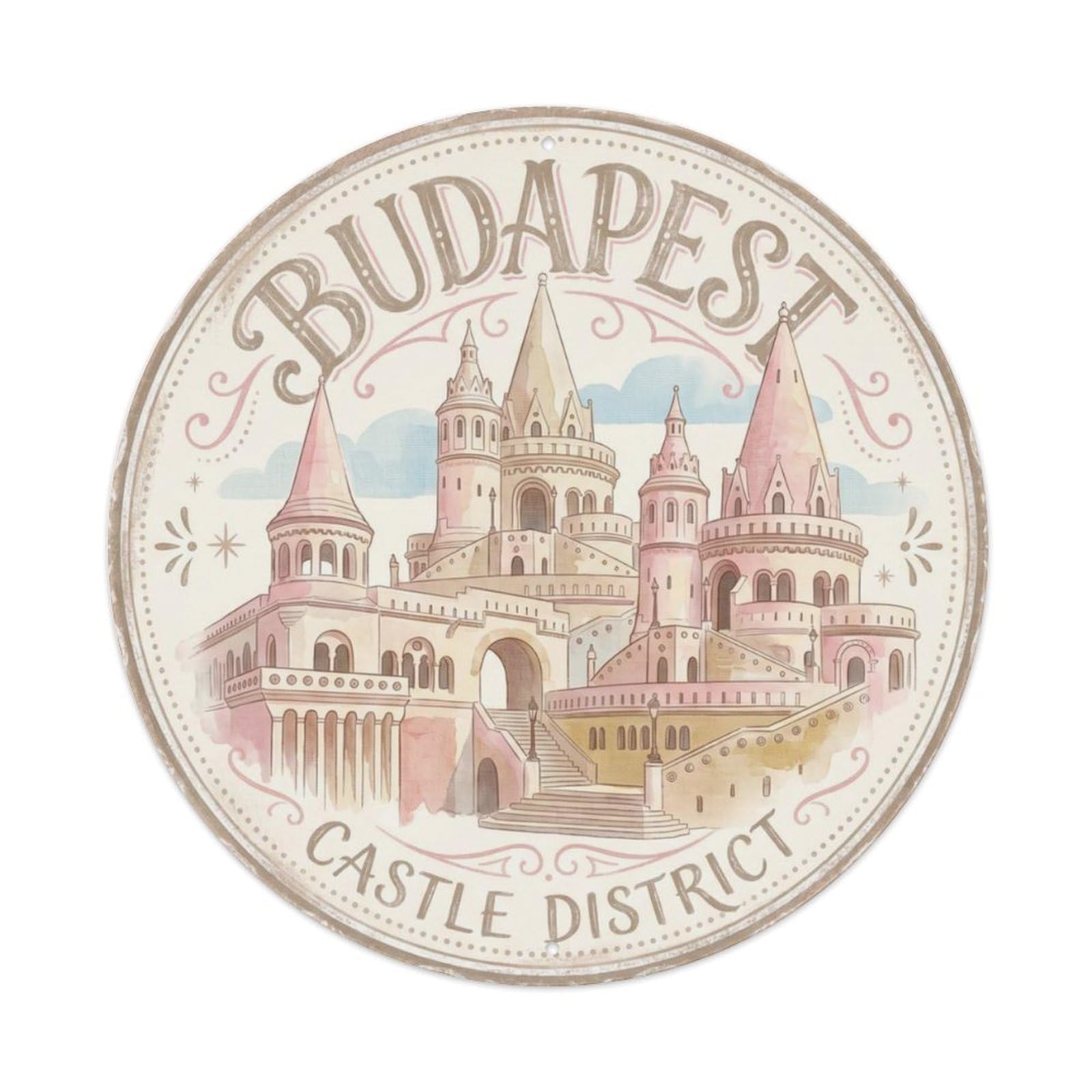Vintage Travel Bastion Budapest Castle Metal Tin Sign Plaque Wall Decor for Cafe, Club Bar, Office, Home Garden Round Metal Poster 8x8Inch