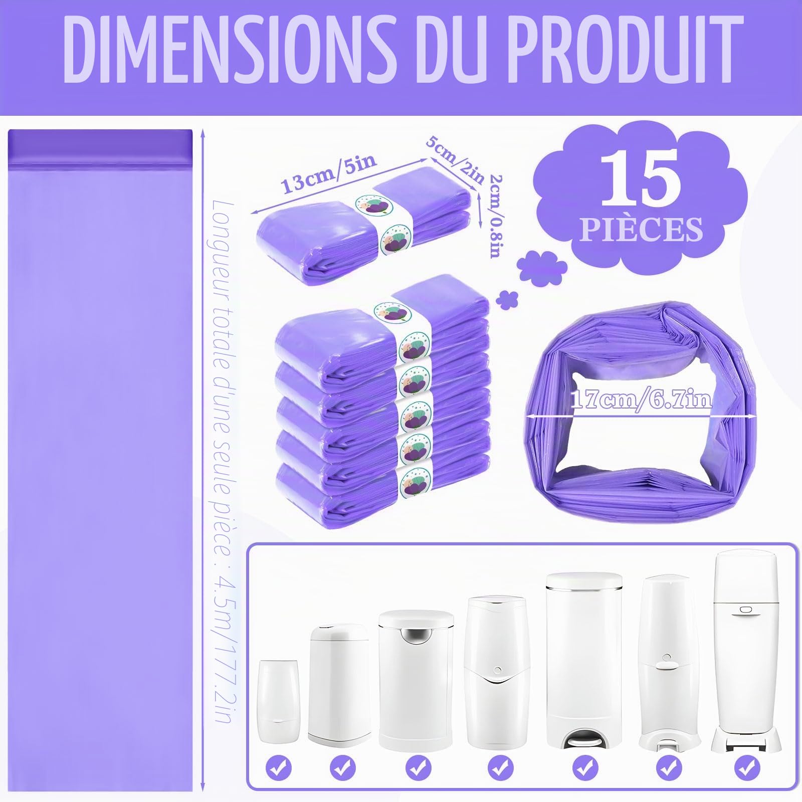 Lot de 15 Recharges Poubelle à Couches 4,5M Compatibles avec Tommee Tippee Twist & Click, Sangenic Tec, Simplee – Antiodor, sans BPA, Sac Jetable Lavande, Recharge Écologique