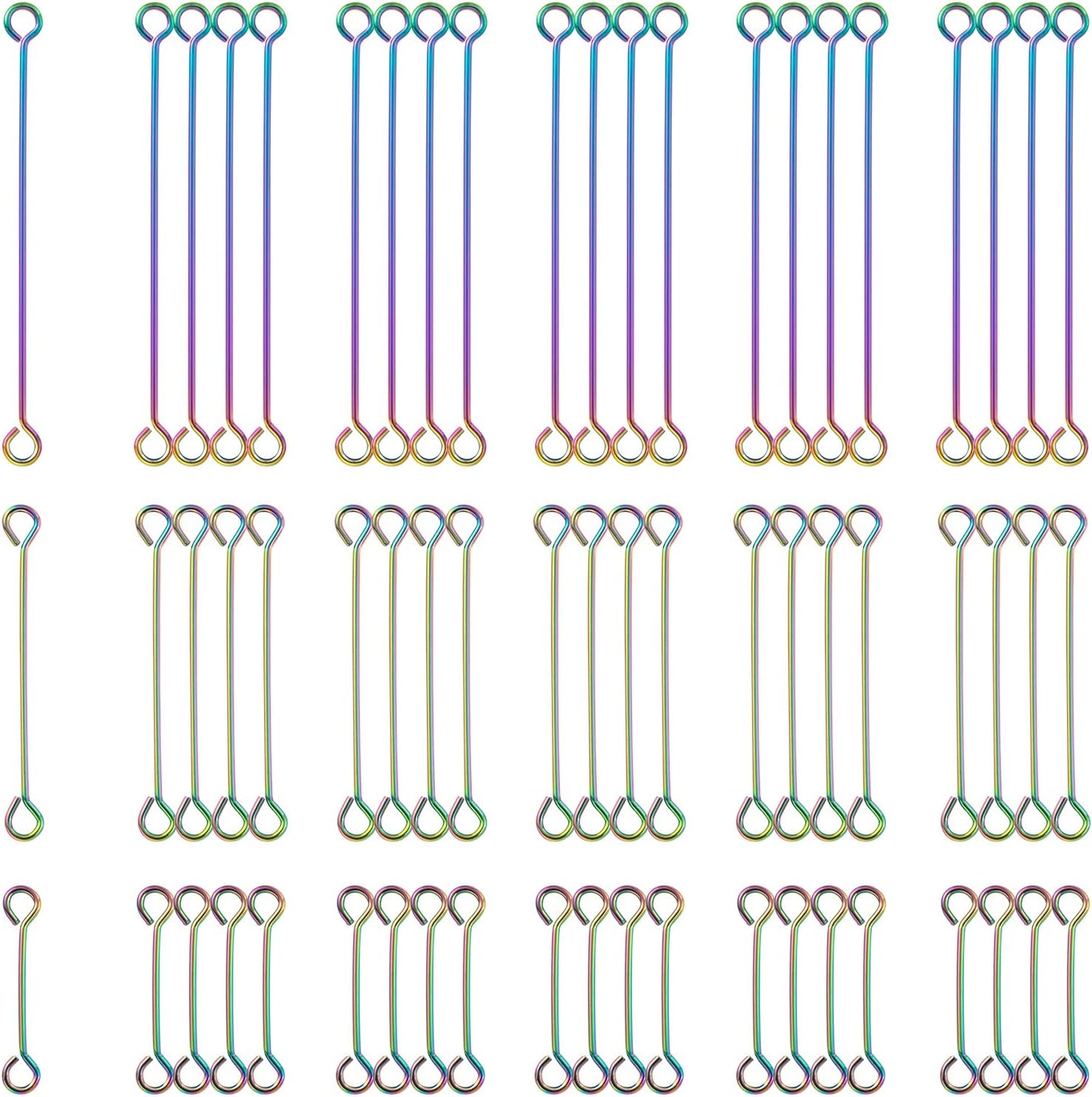 FASHEWELRY 60Pcs Stainless Steel Double Sided Eye Pins 23 Gauge Rainbow Open Eye Pins Findings Colorful Head Pins Supplies for DIY Jewelry Making