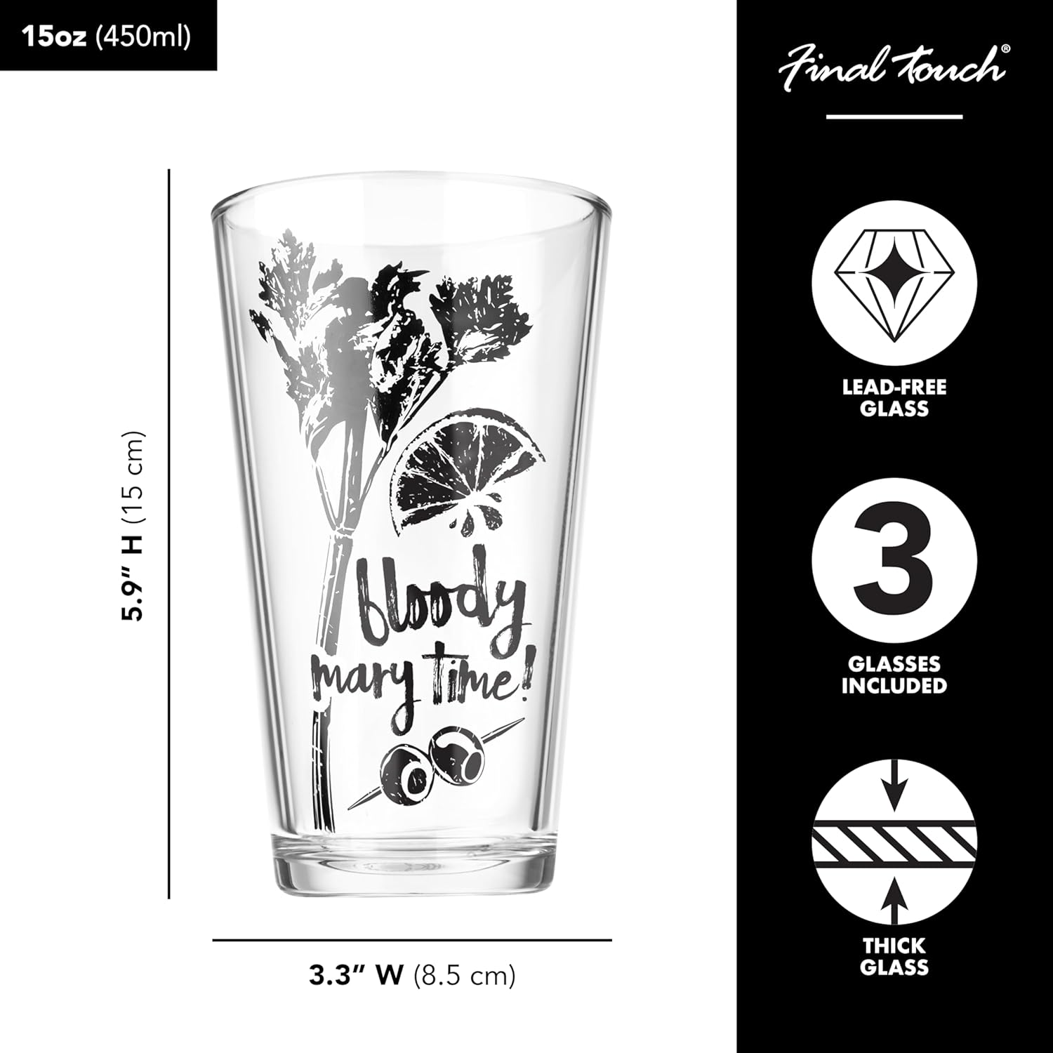 Final Touch Bloody Mary Time Pint Glasses with Graphic - Three Colours (Gold, Silver and Black) - Set of 3 (GG5203)