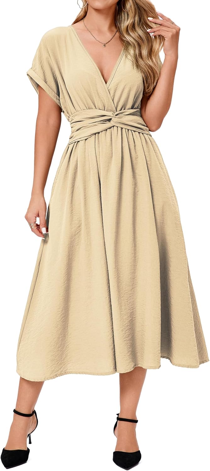 Women's Summer Casual Short Sleeve Wrap Elastic Wasit Deep V Neck Mid A-Line Loose Dress 2025 - Image 3