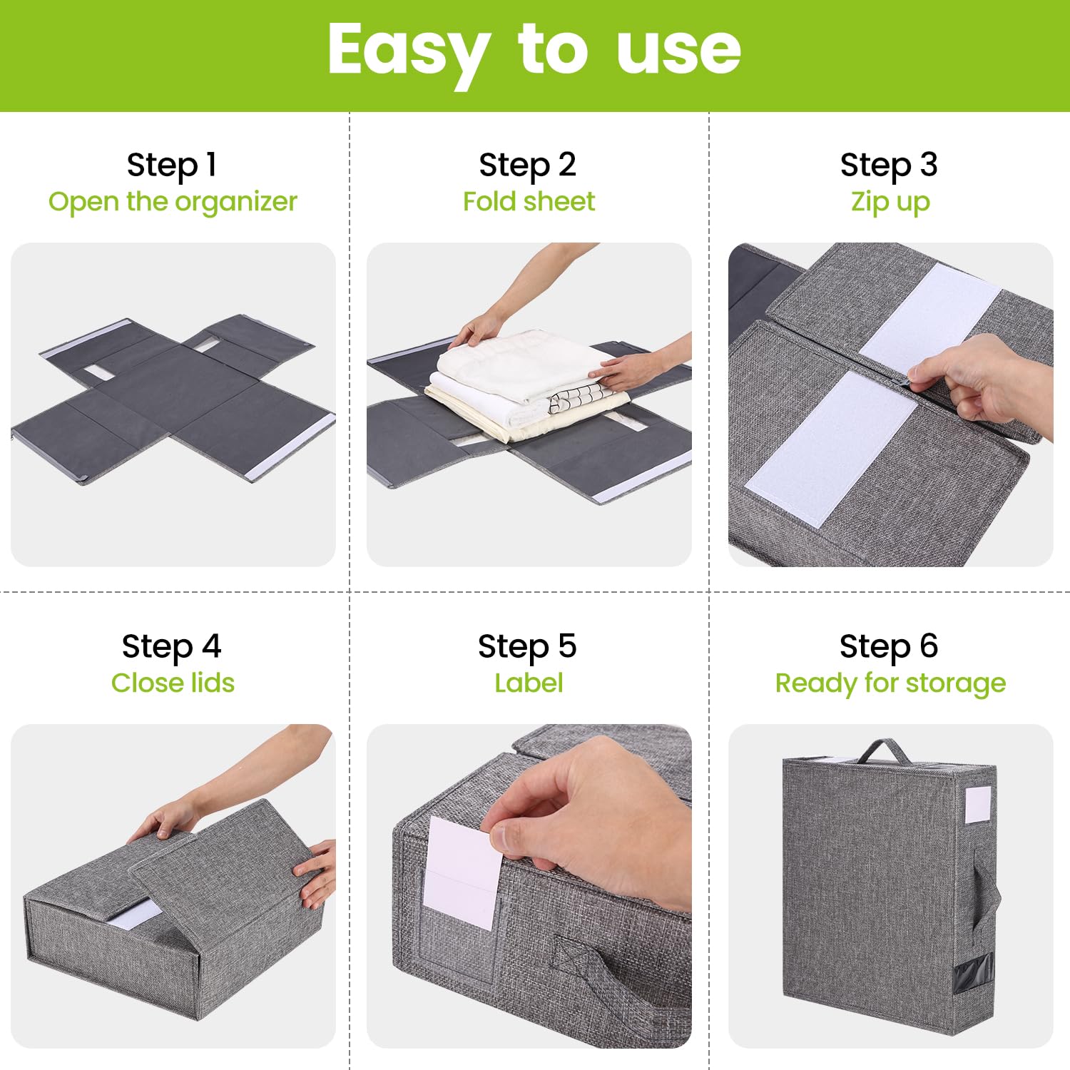 Boite Rangement Drap de Lit, 6 Pièces Sac de Rangement Vetement, Organisateur de Drap Pliable, Pouvant être Rangée Sous Lit, Organisateur Placard Vetement avec étiquette & Poignée, Gris