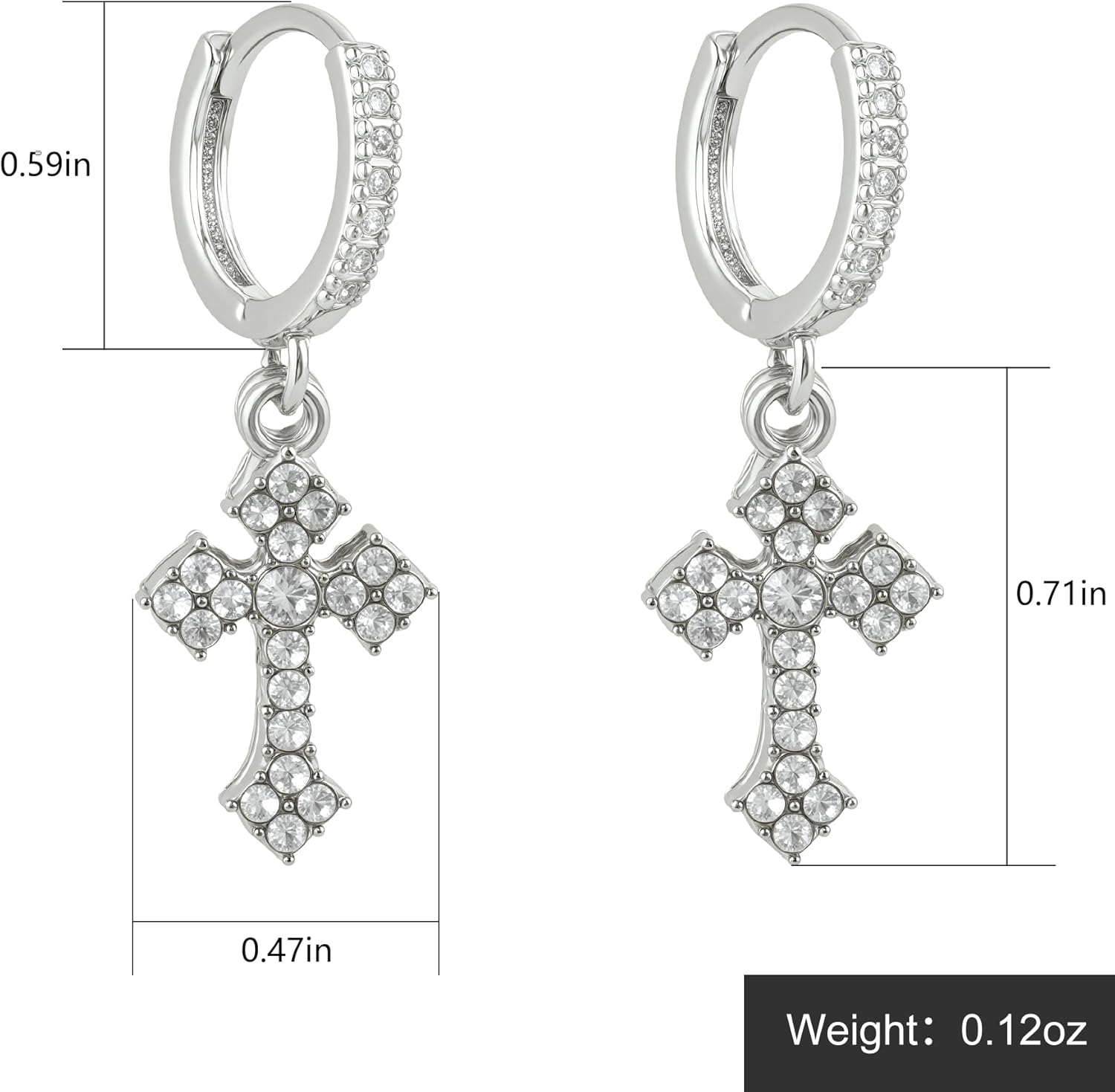 Rhinestone Cross Earrings Men Stainless Steel Small Hoop Earring Dangle Adult Fashion Huggie Piercing Jewelry Earrings for Party Birthday, Silver - Image 4