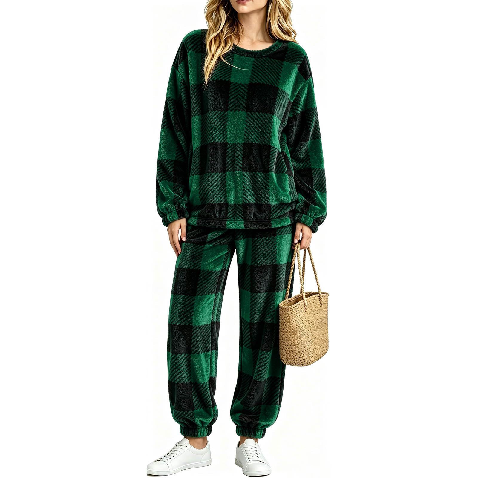 Ensemble 2 Pièces Pyjama Femme à Carreaux Flanelle Pull Col Rond Pantalon