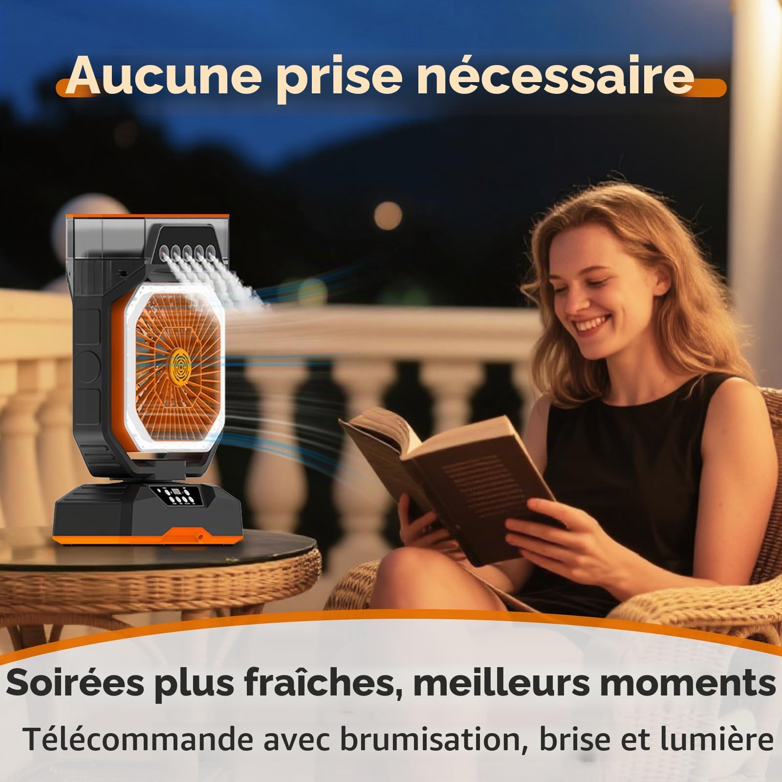 Ventilateur brumisateur rechargeable pour camping et maison - Ventilateur de refroidissement portable à 6 vitesses avec brume réglable, boîte d'aromathérapie, minuterie de 8 heures, batterie à charge