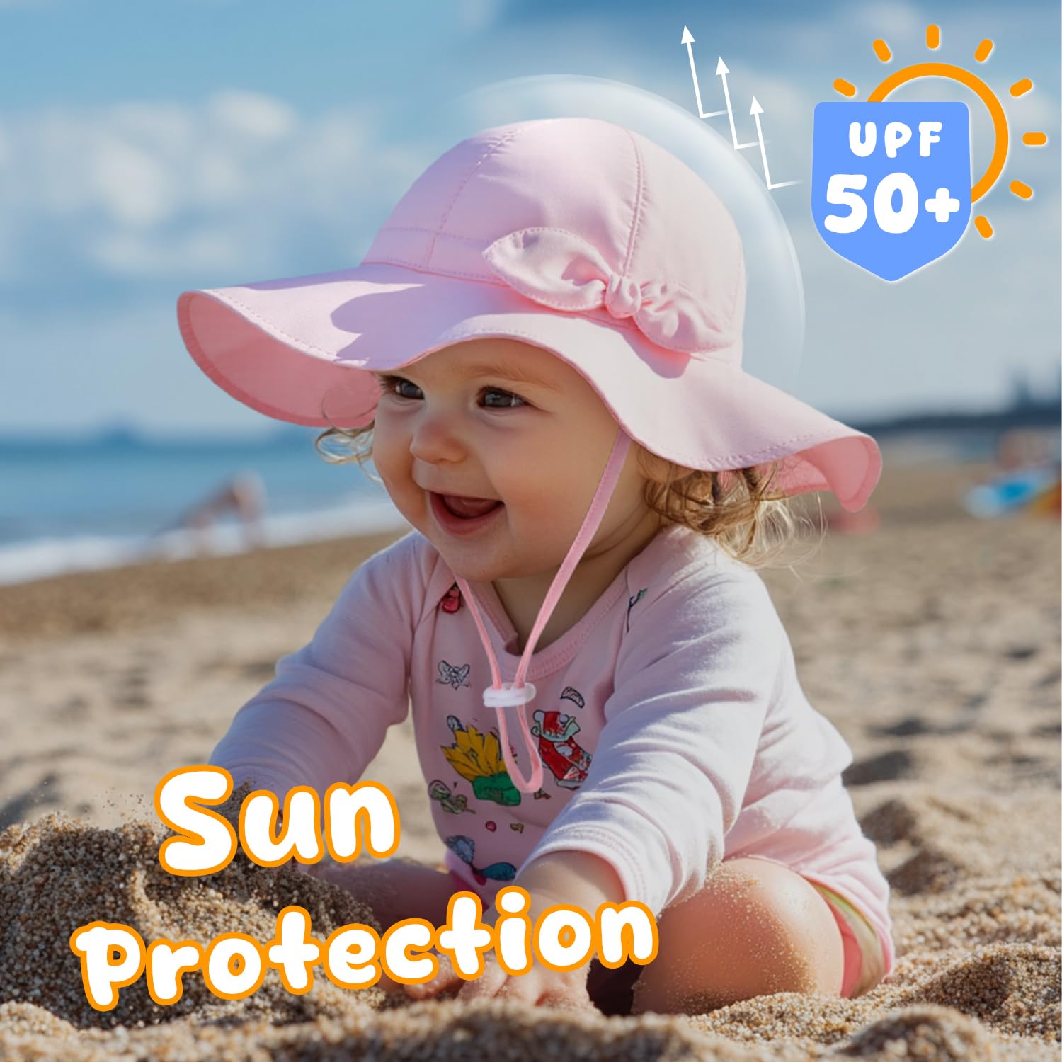 HONGTEYA Baby Sun Hat Toddler Girl Beach Hat Adjustable Outdoor Hat UPF 50+ Sun Protection Wide Brim Infant Kids Pink/White