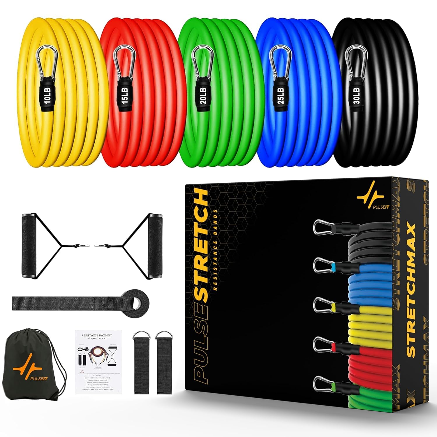 PulseStretch 11Pcs Resistance Bands Set for Exercise, Stretching and Workout Toning Tube Kit with Foam Handles, Door Anchor, Ankle Strap and Carry Bag for Men, Women-image-33