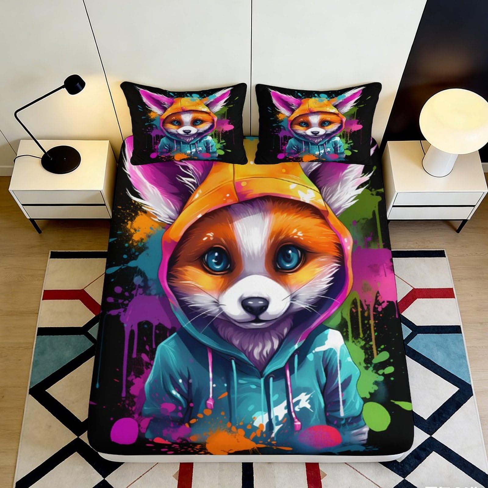 3D Printed Fox Hoodie Fitted Sheet Microfiber Colourful Graffiti Bed Cover for Bedroom Guest Room Decor 90x200x25cm