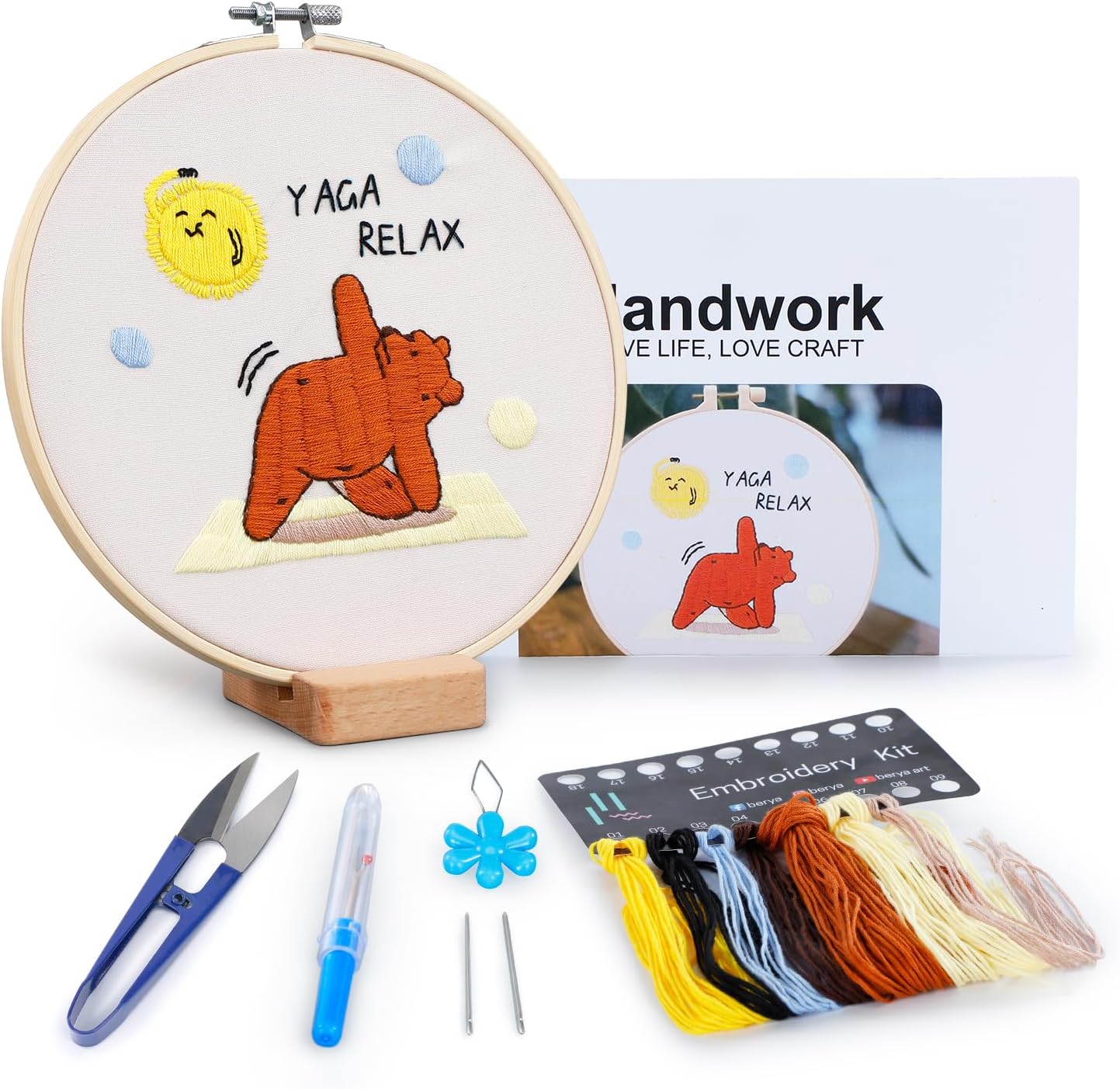 BERYA Bear Embroidery Starter Kit, Adults Starter DIY Needlepoint Kits with Instruction and Video, Embroidery Hoops,Display Stand,Threader,Color Threads and Needles - Perfect for Beginners