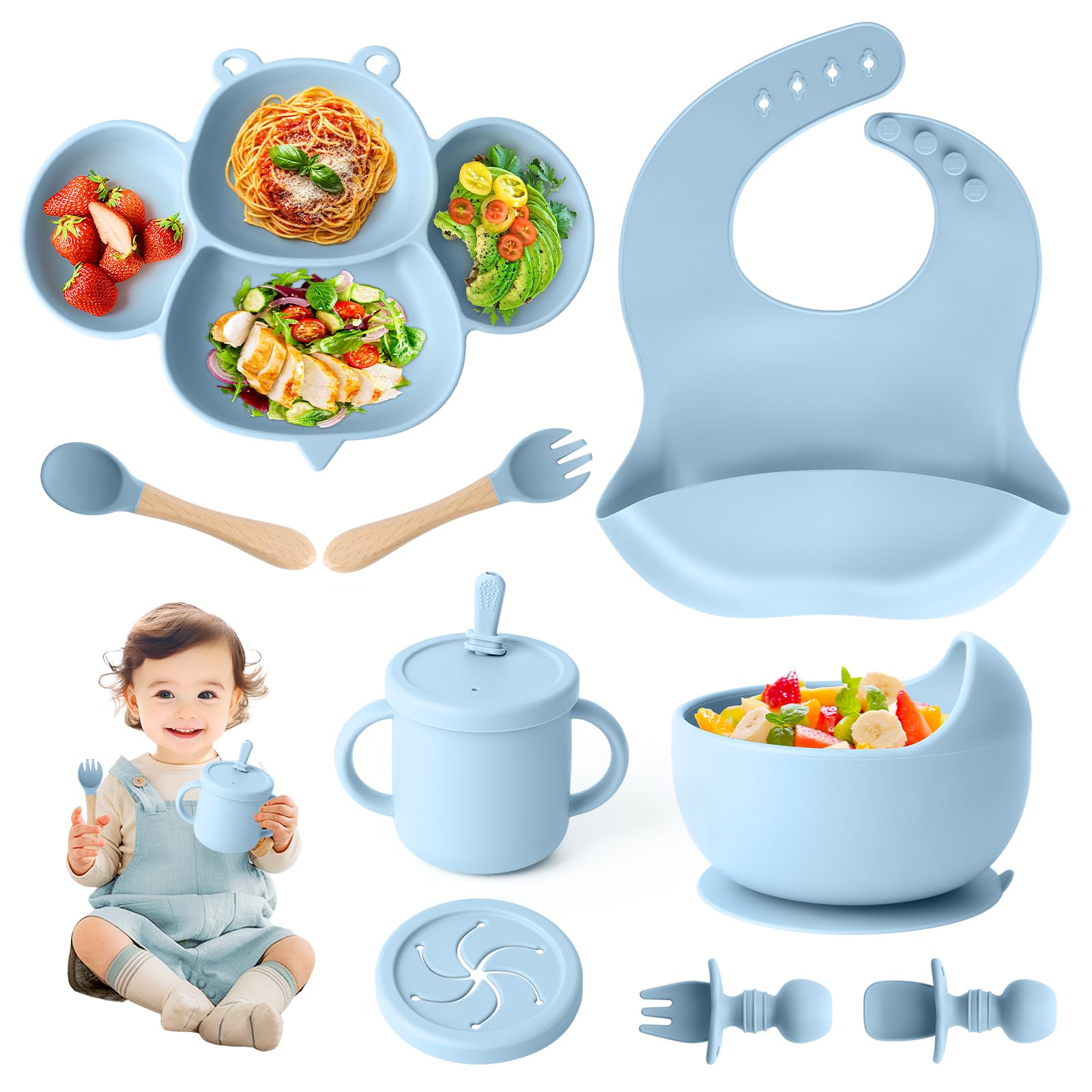 Set de Vaisselle Bébé en Silicone,Set de Repas Antidérapant pour Enfant avec Ventouse, Set de Vaisselle 8 Pièces Bébé