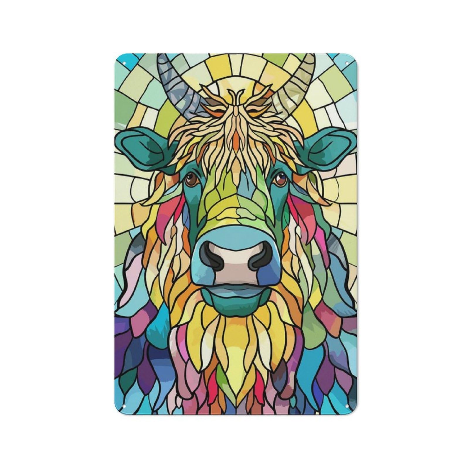 Junmoney Style-8 Metal Wall Sign 30X20cm Featuring Stained Glass Highland Cow For Café Or Home Bar, For Collectors Decorating Cafés And Home Bars
