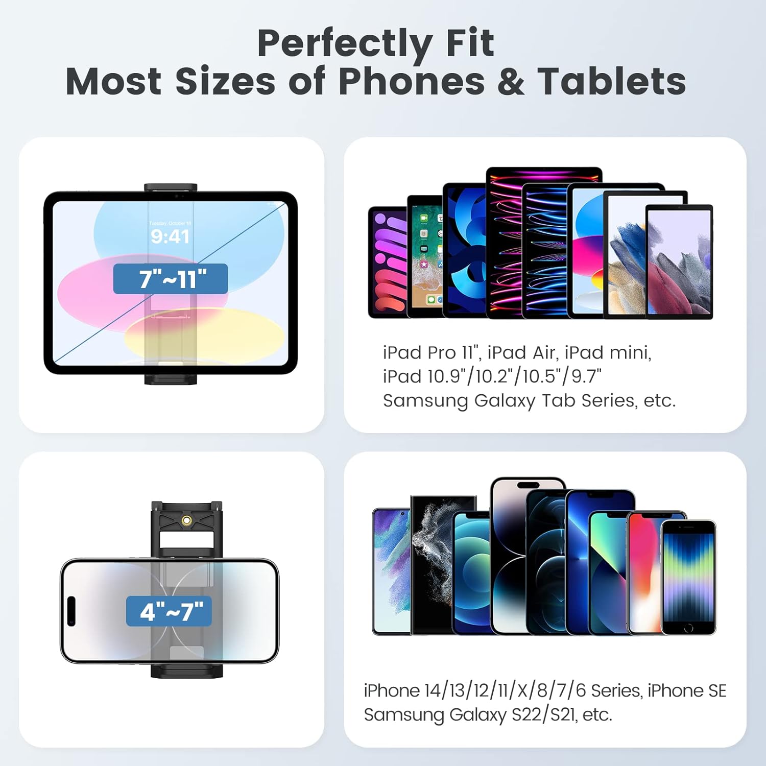 MoKo tripod showing compatibility with various phone and tablet sizes, including iPad Pro, iPad Air, iPad mini, iPhone 14/13/12/11/X/8/7/6 Series, and Samsung Galaxy S22/S21.