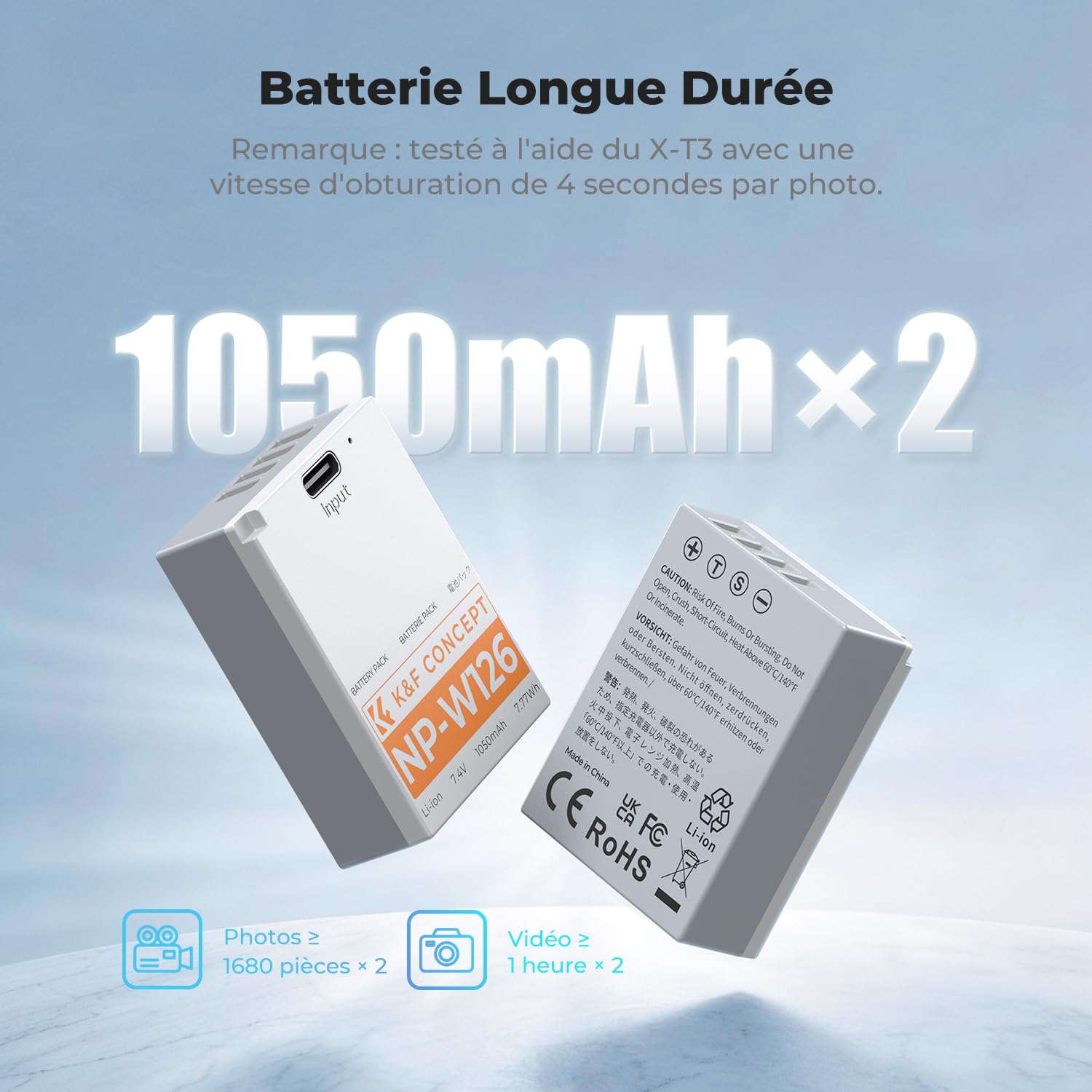 K&F CONCEPT NP-W126 NP-W126S Batterie et USB C Chargement Rapide Compatibles avec Fujifilm XM5, X100VI, X100V, XS10, XT30, XT30 II, XT20, XE4, XE5, A5,X Half(HF1)