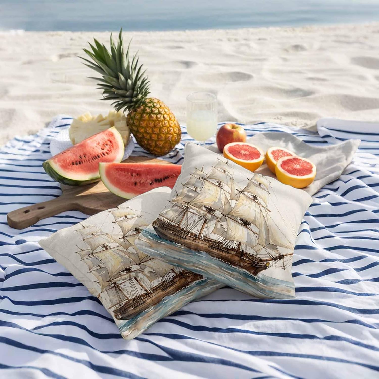 Vintage Sailboat Outdoor Pillow Covers 26 x 26 inch Set of 2 Nautical Ocean Oil Painting Style Linen Texture Waterproof Throw Pillow Cover Cushion Case for Home Outside Patio Furniture Garden Porch