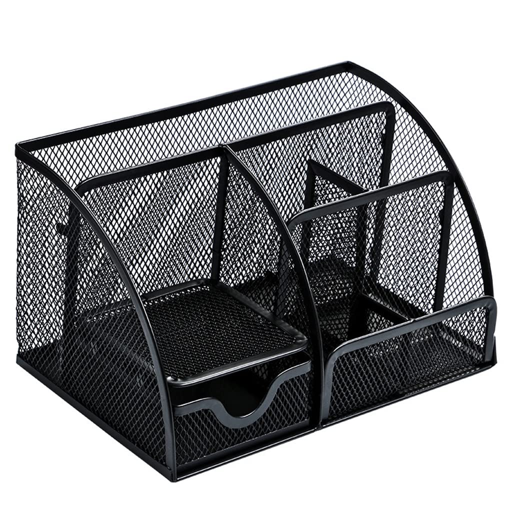 Stifthalter für den Schreibtisch, Netz-Stifthalter, Schreibtisch-Organizer mit 7 Fächern und 1 Schublade, Schwarz, 130 x 140 220 mm