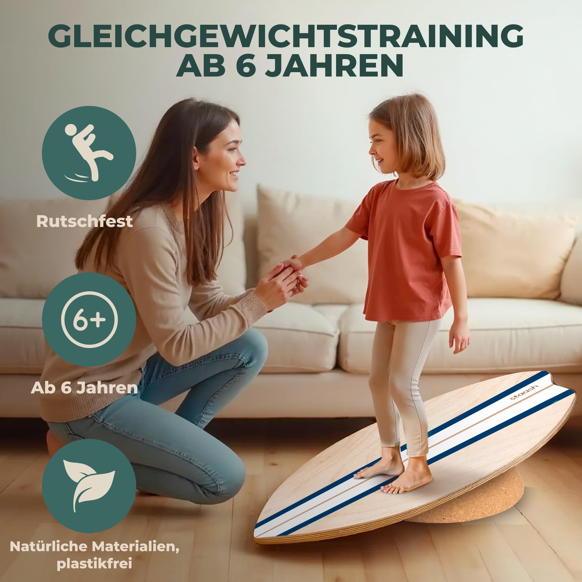 STAASH® Balance Board Holz – Pro Gleichgewichtstrainer inkl. Schutzmatte, Rolle, Halbkugel & Korkball + Videokurs – Indoor-Surfen & Stabilitätstraining