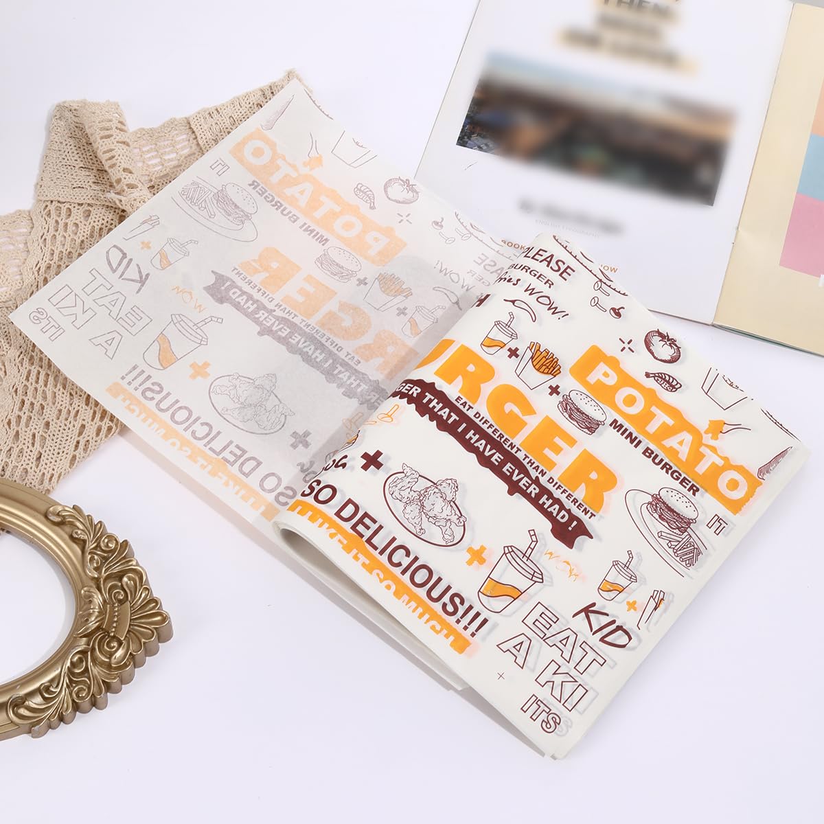 Red Dot Gift 100 Sheets Baking Wrapping Paper, 10''X14'' Greaseproof Food Basket Liners for Cakes, Breads, French Fries, Sandwiches, Pizza, Burgers, Hot Dogs (OILP-BUR)