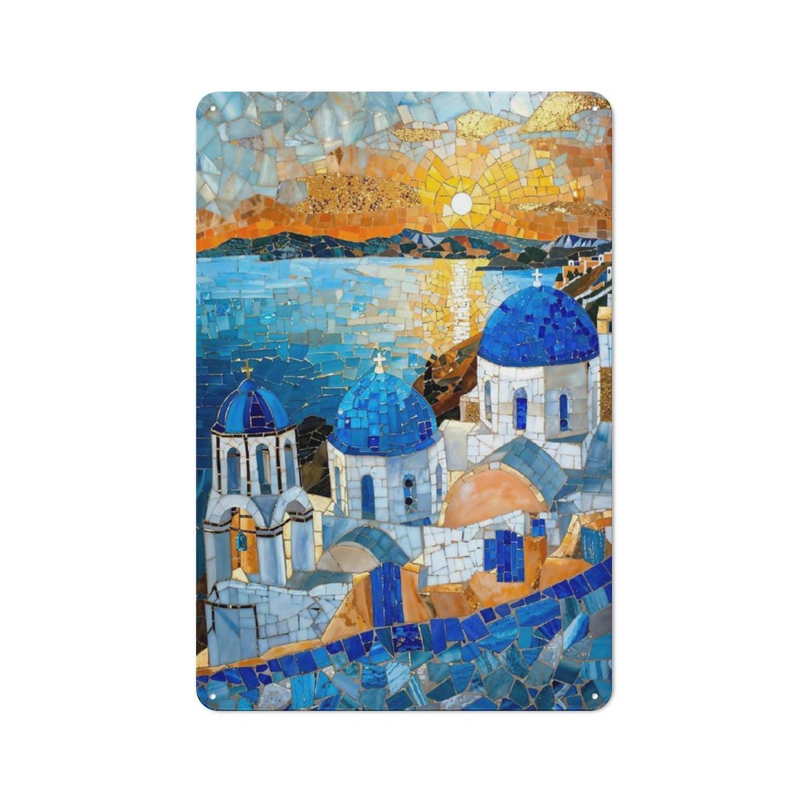 Junmoney Blue Domes Of Greece Tin Wall Plaque 30X20cm With For Garage Or Workshop, For An Autumn Wall Display In Garage And Workshop