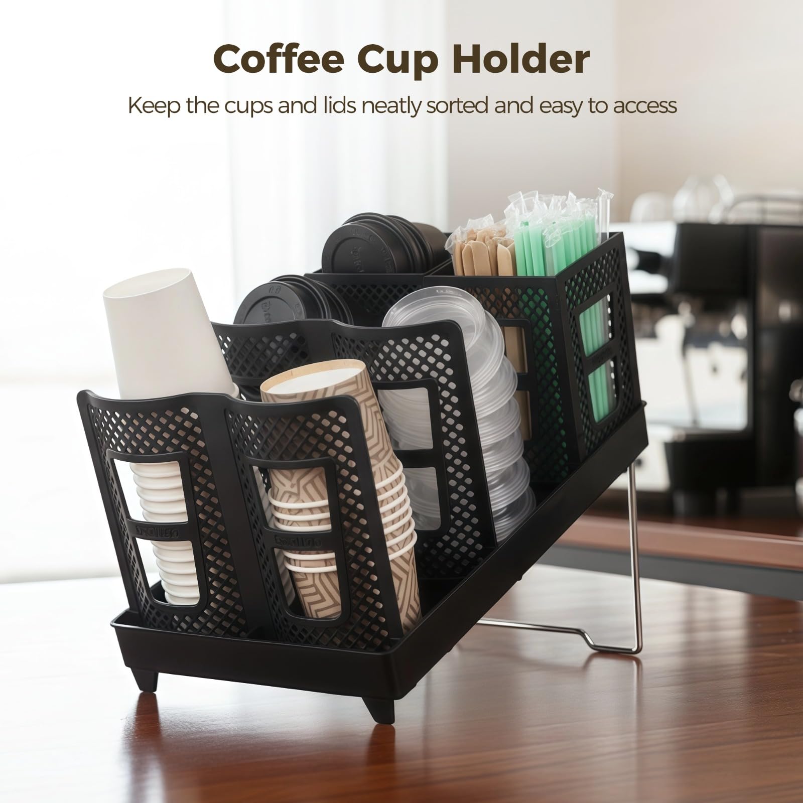 Distributeur de tasses et couvercles, présentoir pliable noir à 6 compartiments avec plateau, organisateur de gobelets en papier pour cuisine, bureau, station café, support de comptoir en métal