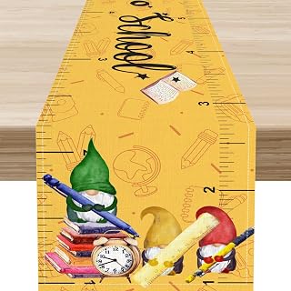 Back to School Table Runner, Retro First Day of School Gnome Book Rule Yellow Students Kids Table Center Decor for Family Kitchen and Living Room Classroom Indoor Party Table Decorations, 13"x36"